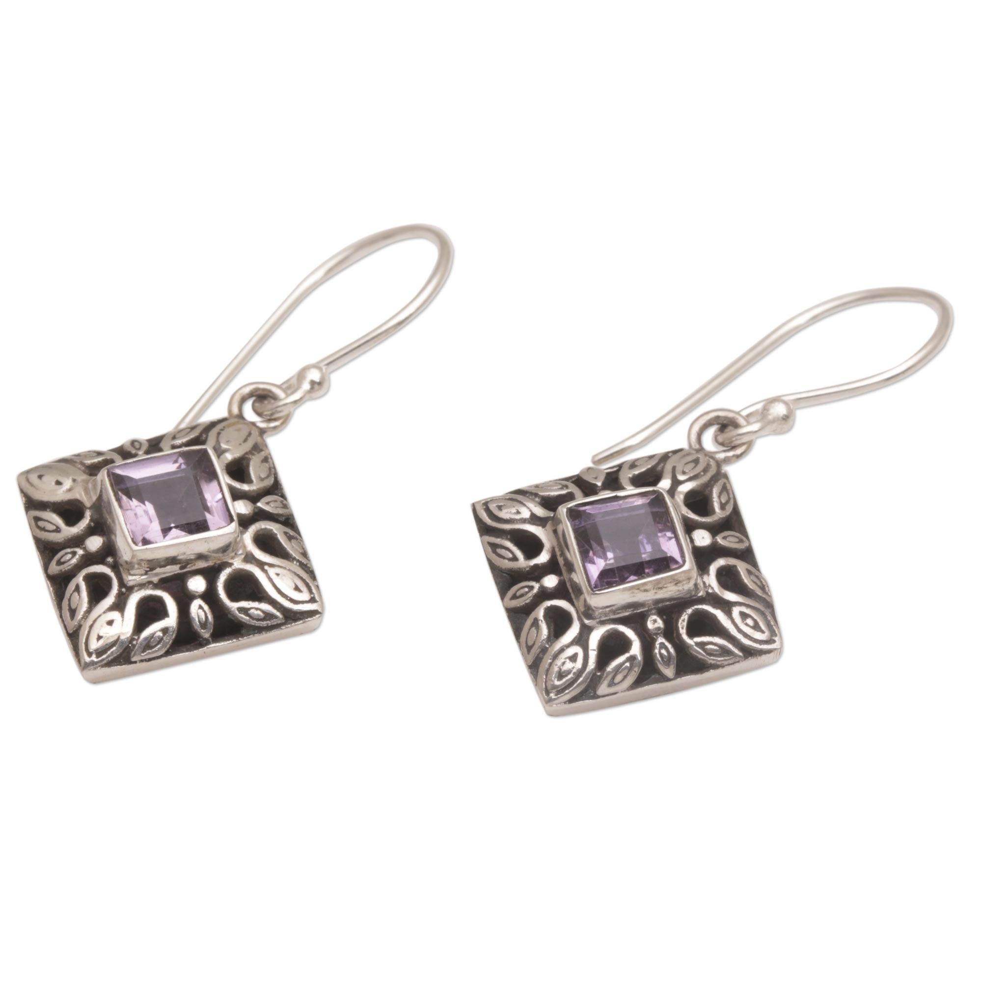 Premium Blessed Window Amethyst Dangle Earrings - Handcrafted Sterling Silver Jewelry from Bali