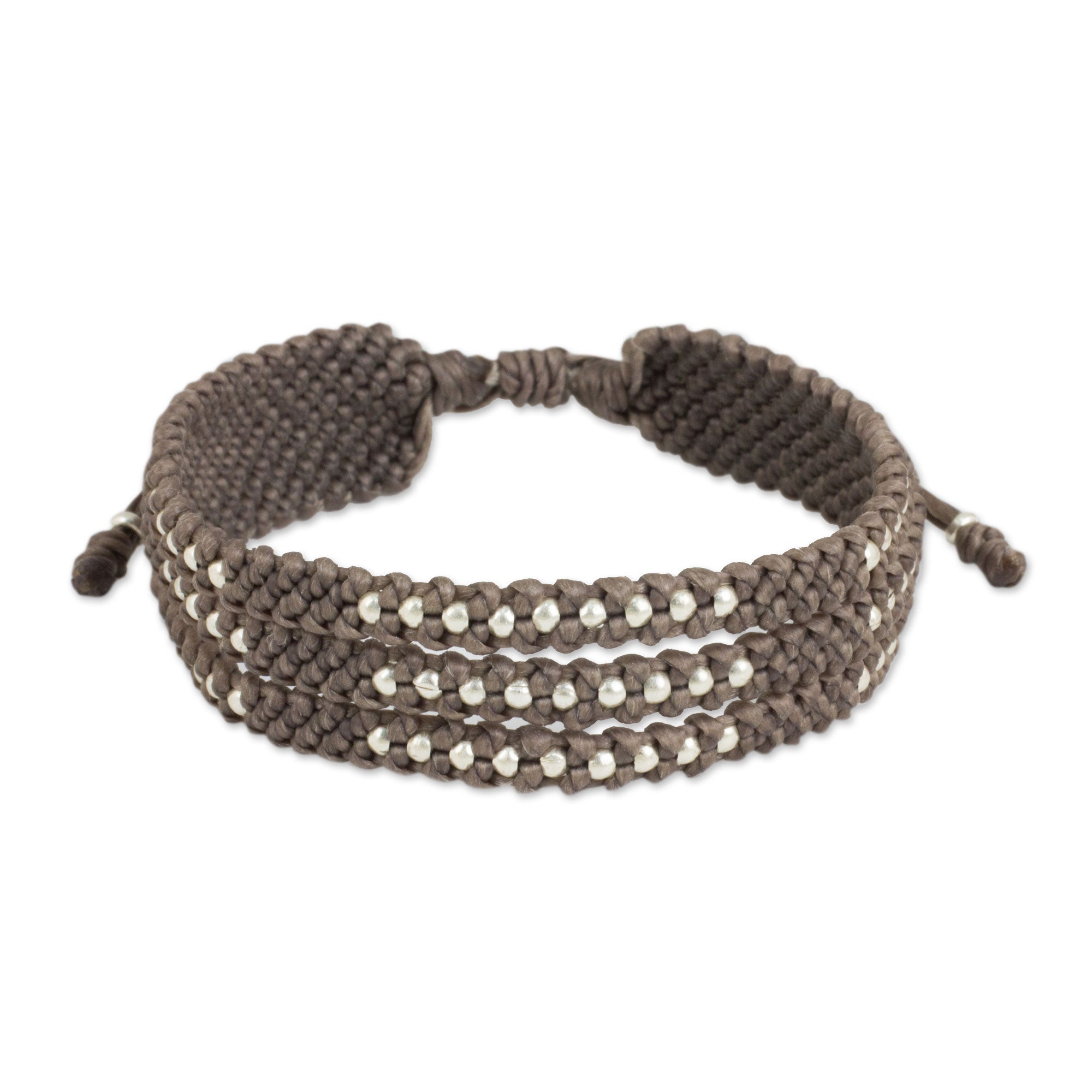 Premium Handcrafted Macrame Bracelet with Silver 950 Beads - Starlight & Khaki