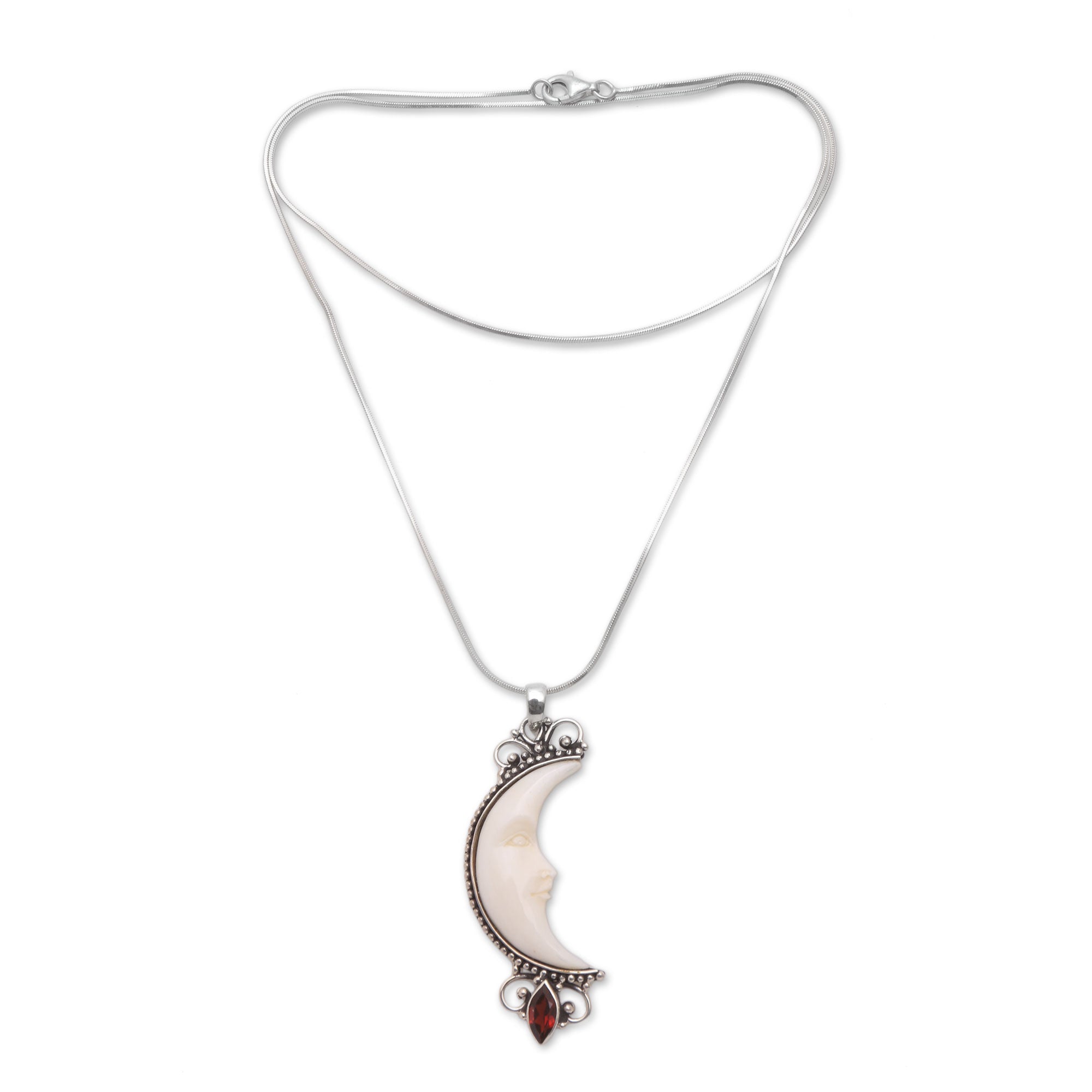 Premium Moonlight Glimmer Garnet Necklace - Handcrafted Silver & Bone Pendant