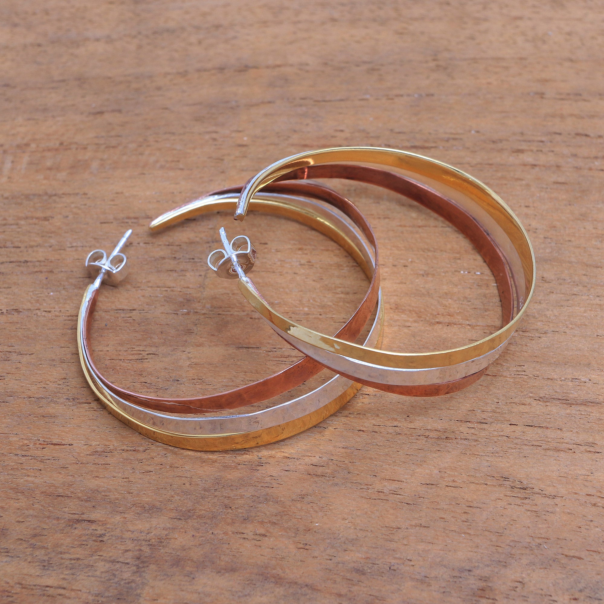 Premium Metallic Rainbow Gold Accent Sterling Silver Half-Hoop Earrings - Handcrafted in Bali