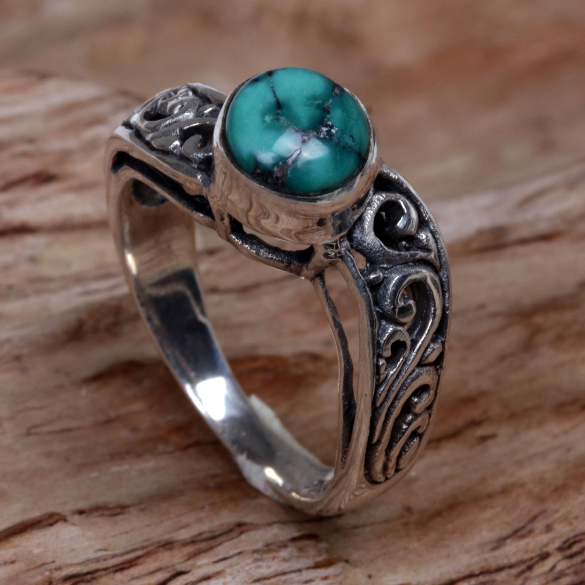 Premium Bali Vines Turquoise Silver Ring - Handcrafted Indonesian Jewelry