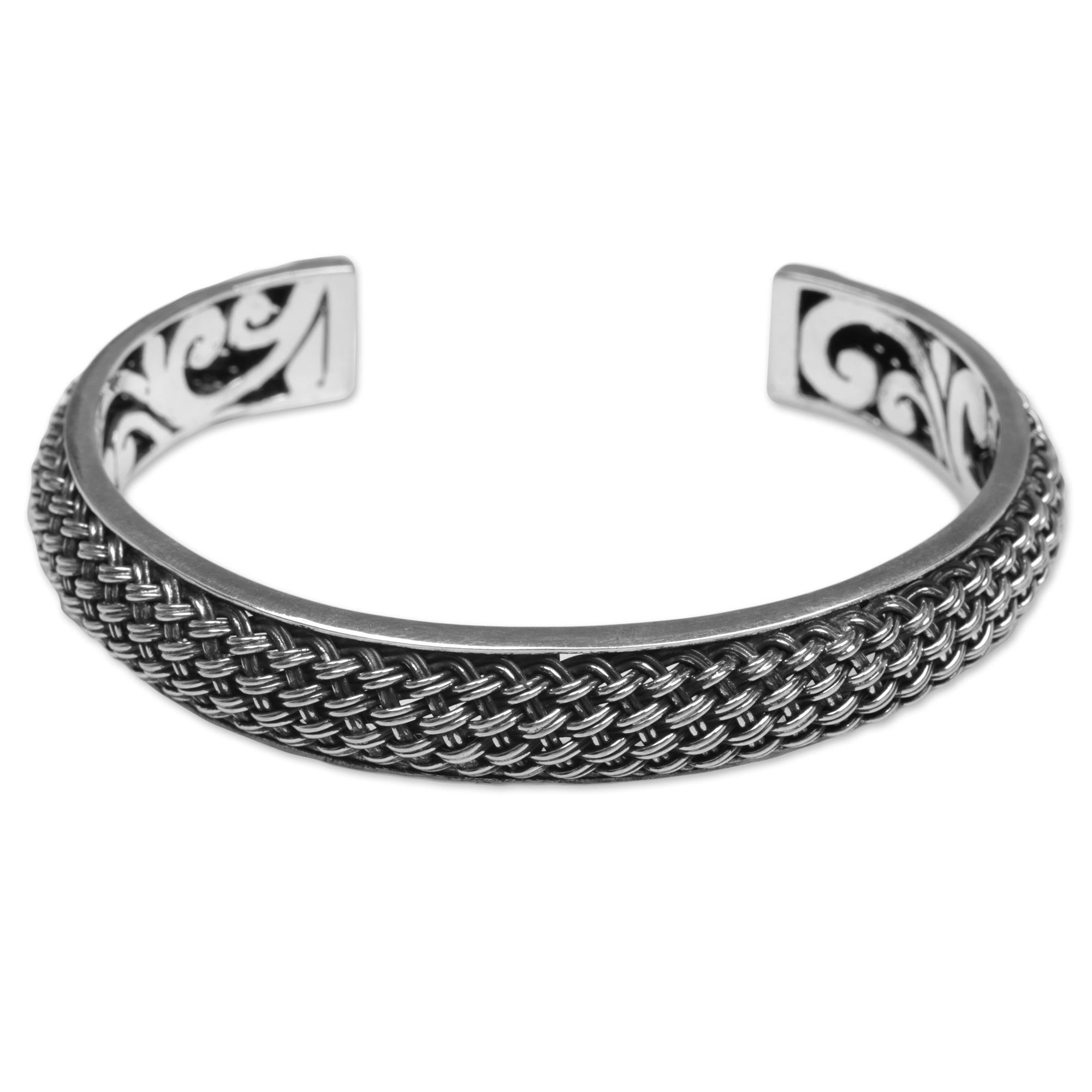 Premium Handcrafted Sterling Silver Woven Chains Cuff Bracelet - Artisan Jewelry from Bali