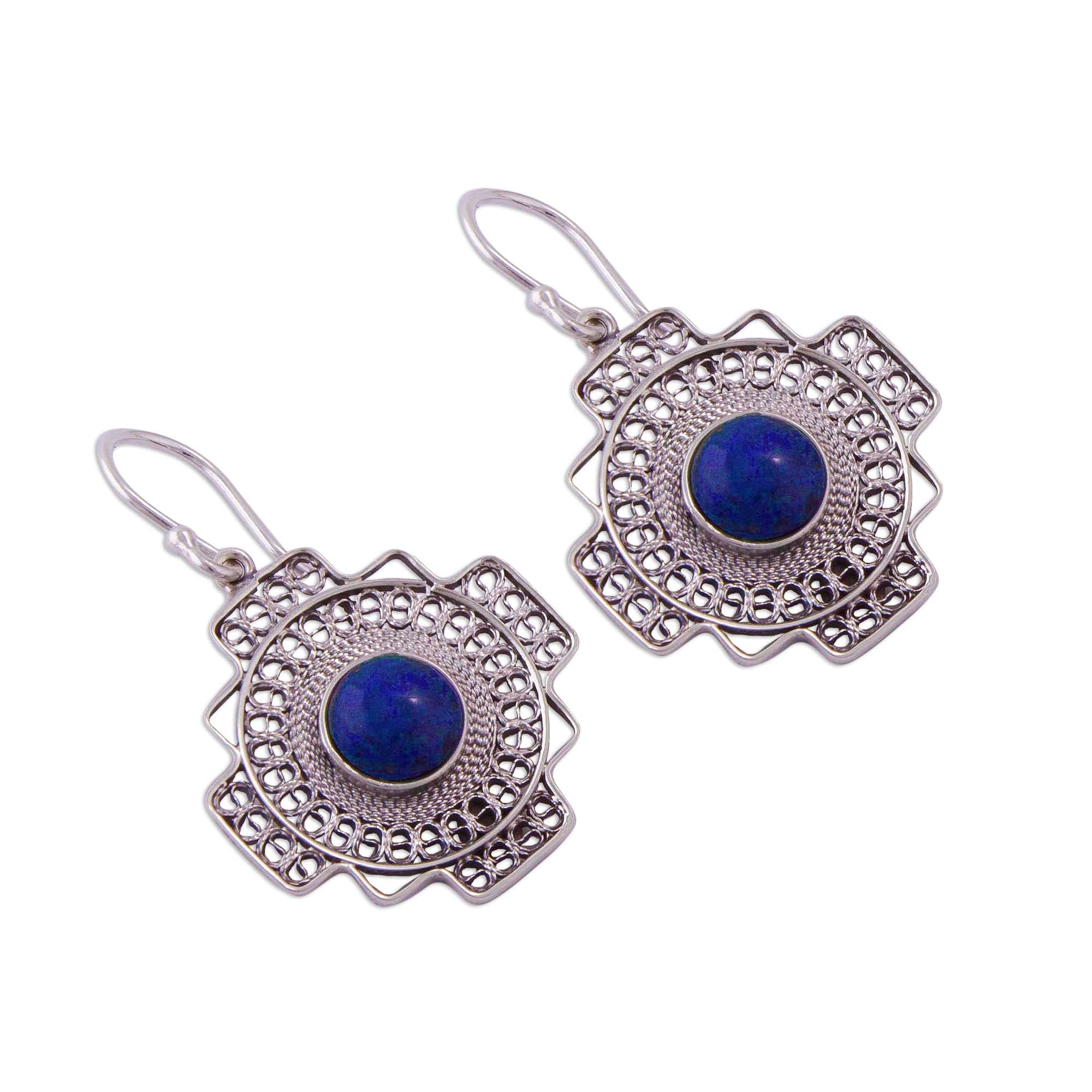 Premium Blue Mountain Chakana Sodalite Dangle Earrings - Handcrafted in Peru