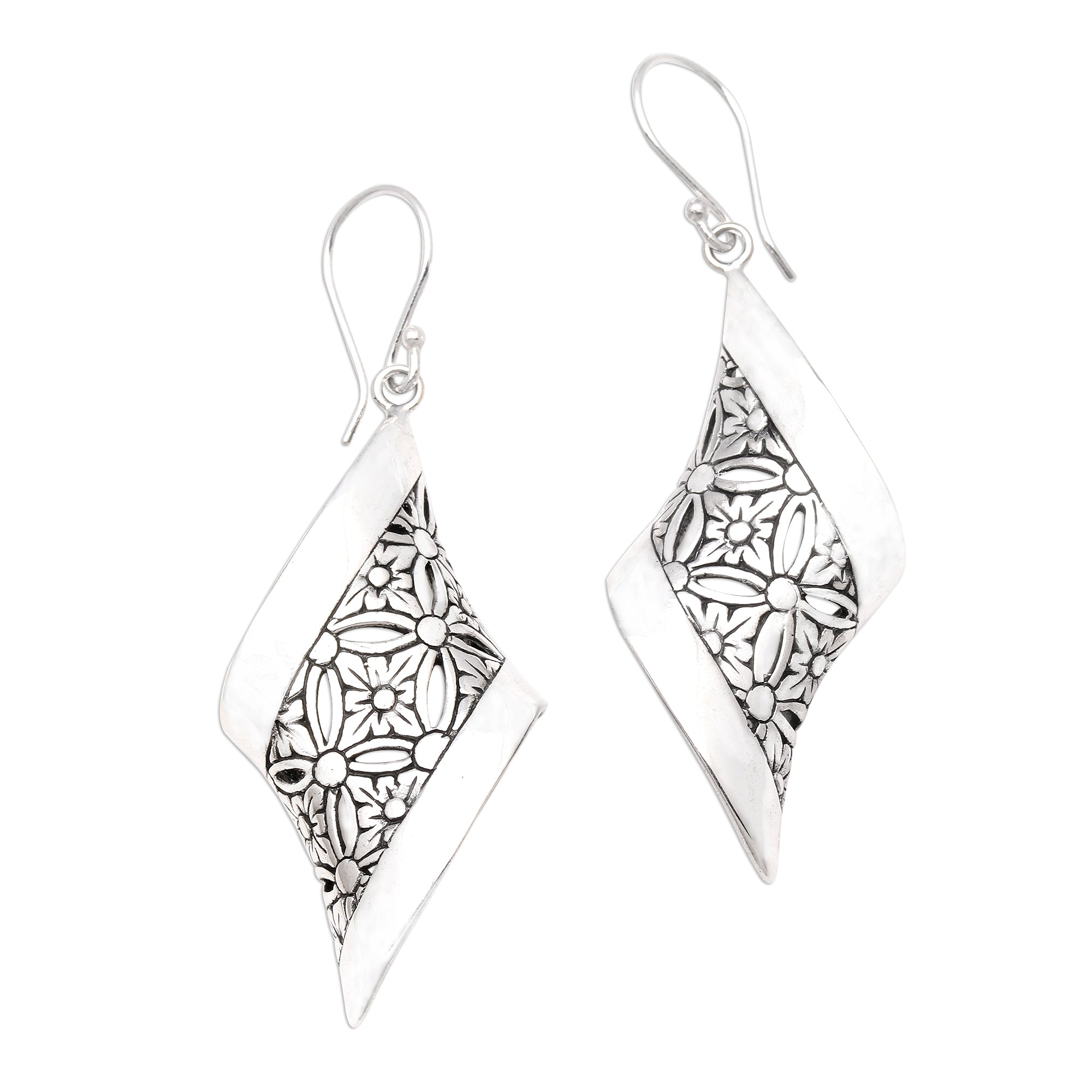 Premium Curved Floral Sterling Silver Dangle Earrings - Artisan Crafted in Bali