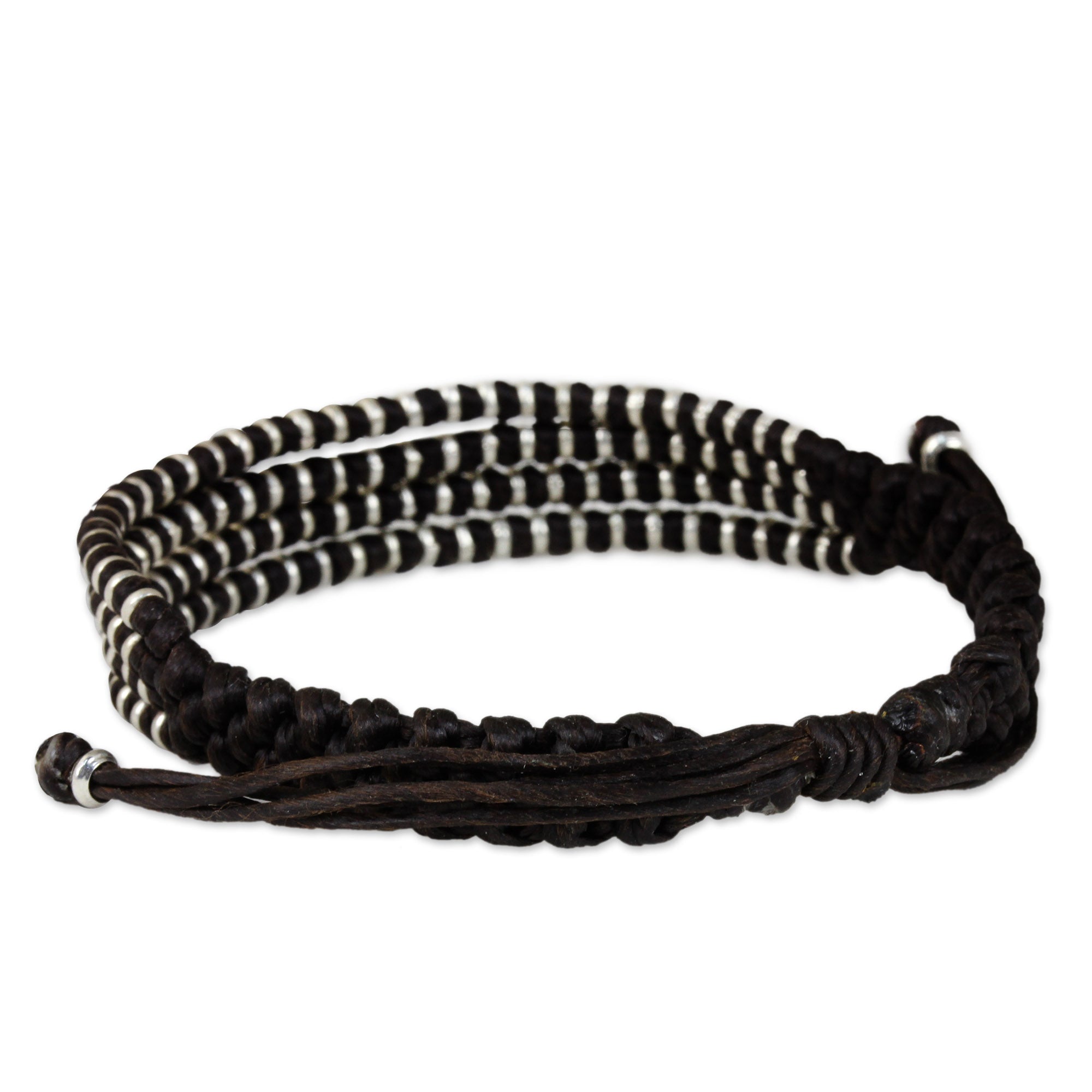 Premium Thai Hill Tribe Silver Macrame Bracelet - Dark Brown & Silver 950