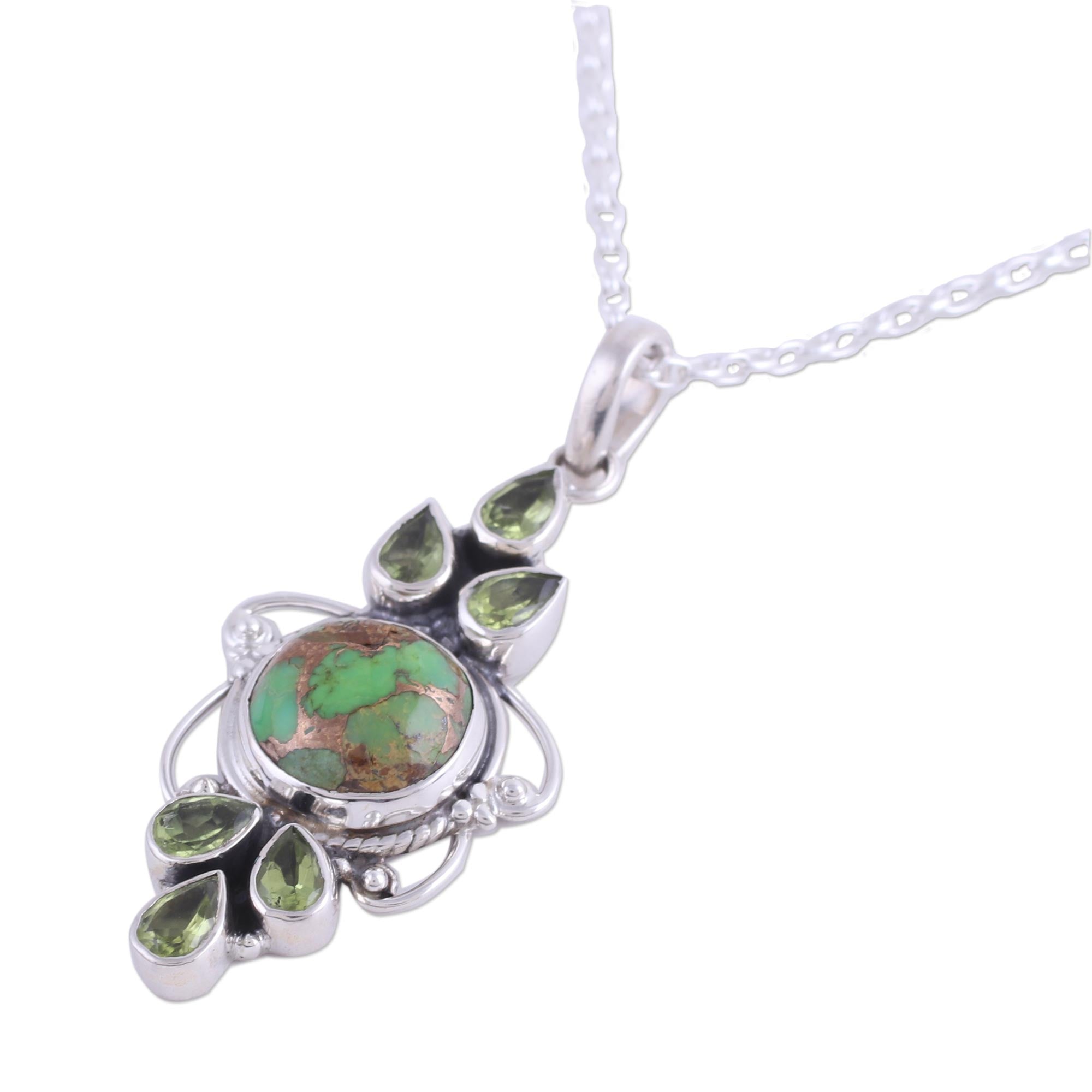 Premium Glittering Green Peridot & Turquoise Pendant Necklace - Handcrafted in India