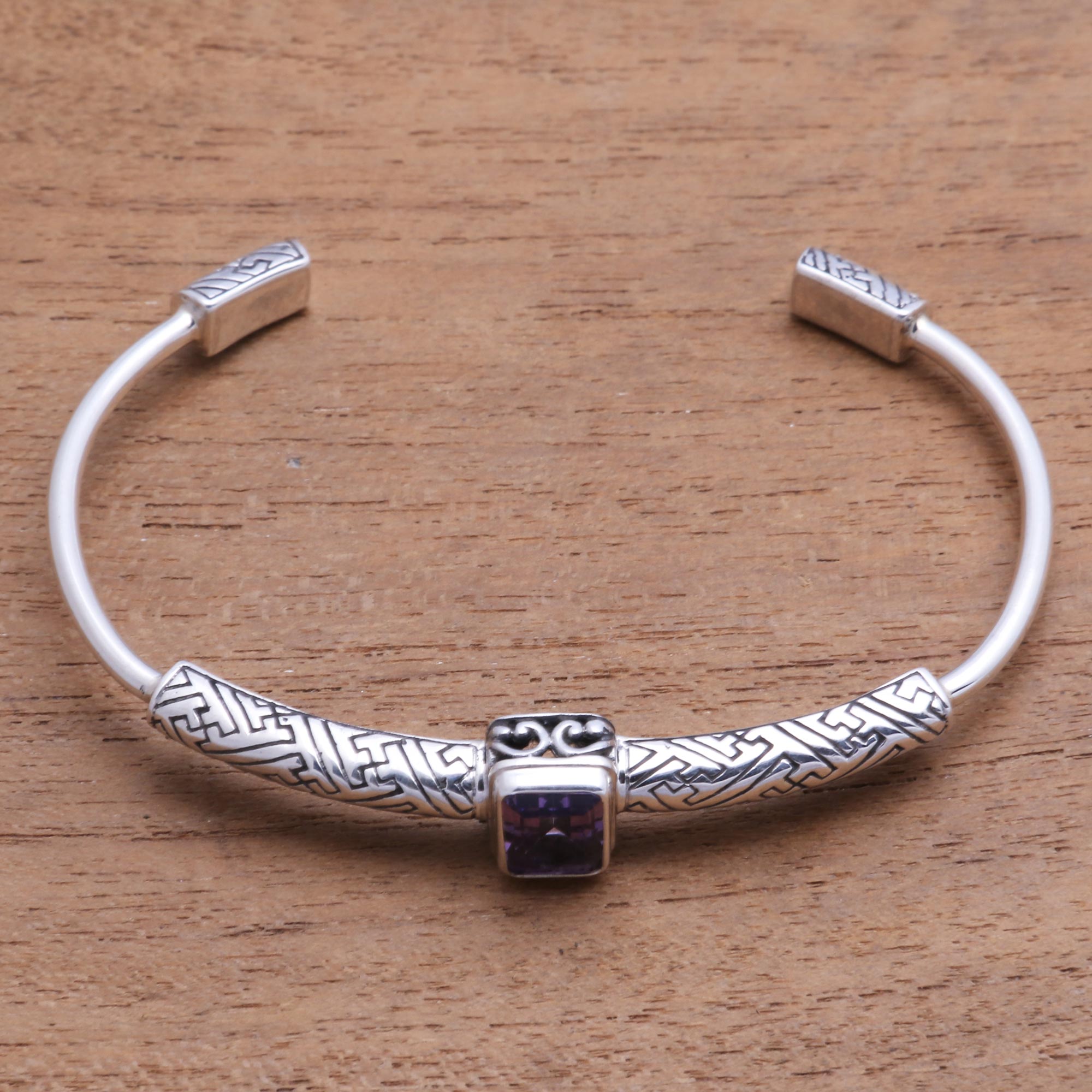 Premium 2-Carat Amethyst Cuff Bracelet - Handcrafted Sterling Silver Jewelry from Bali