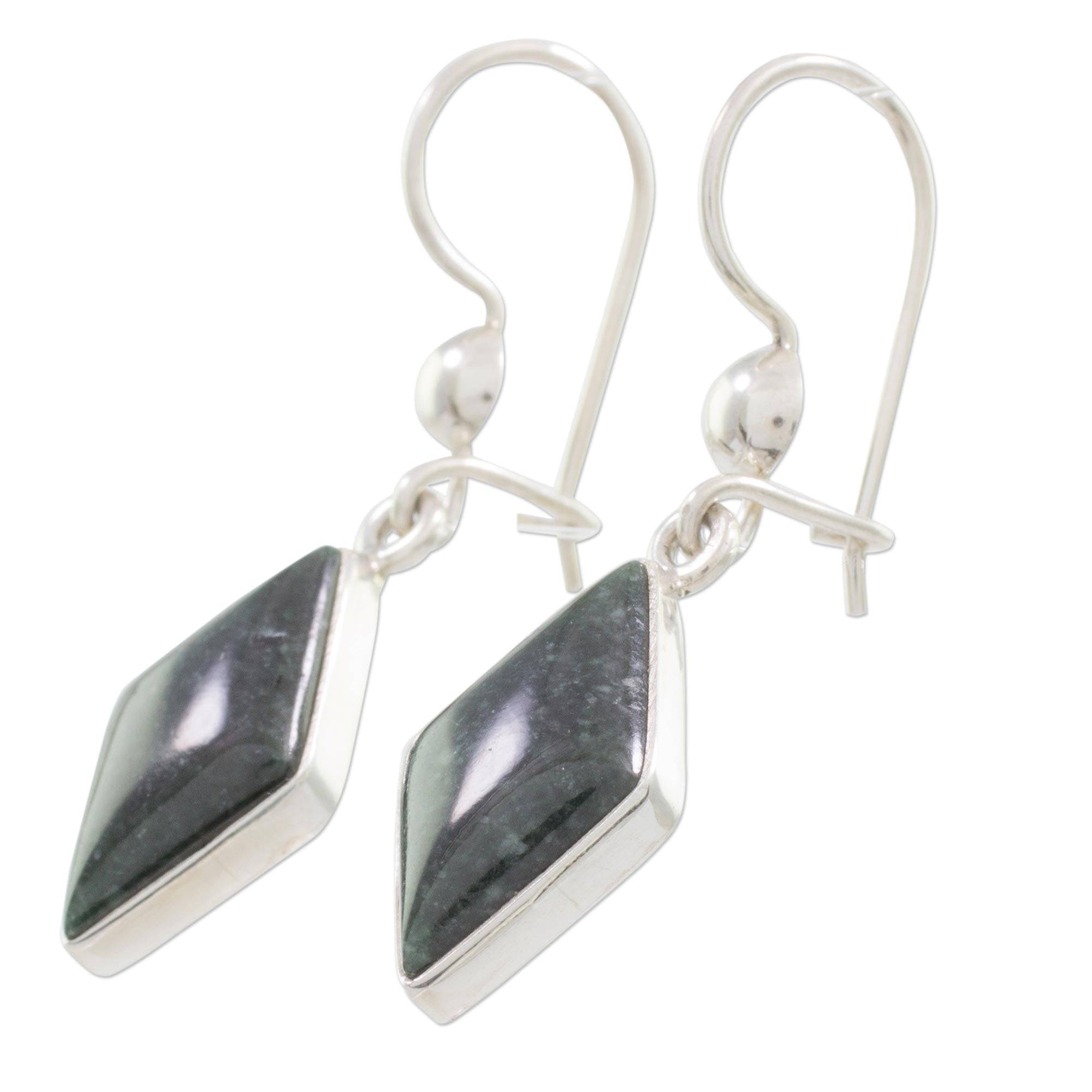 Premium Dark Verdant Jade Dangle Earrings with Sterling Silver Hooks