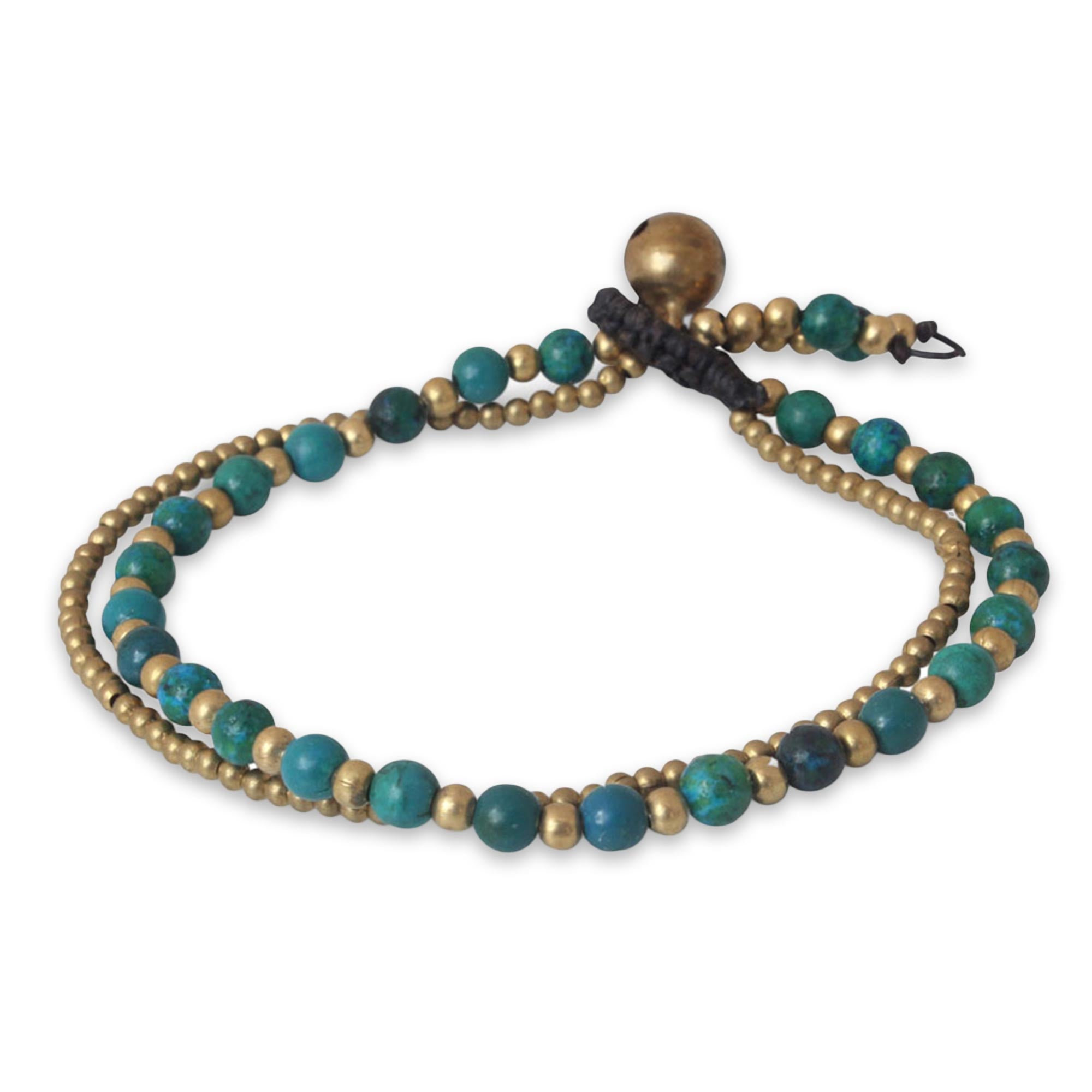 Premium Green Harmony Serpentine & Brass Beaded Bracelet with Bell Charm