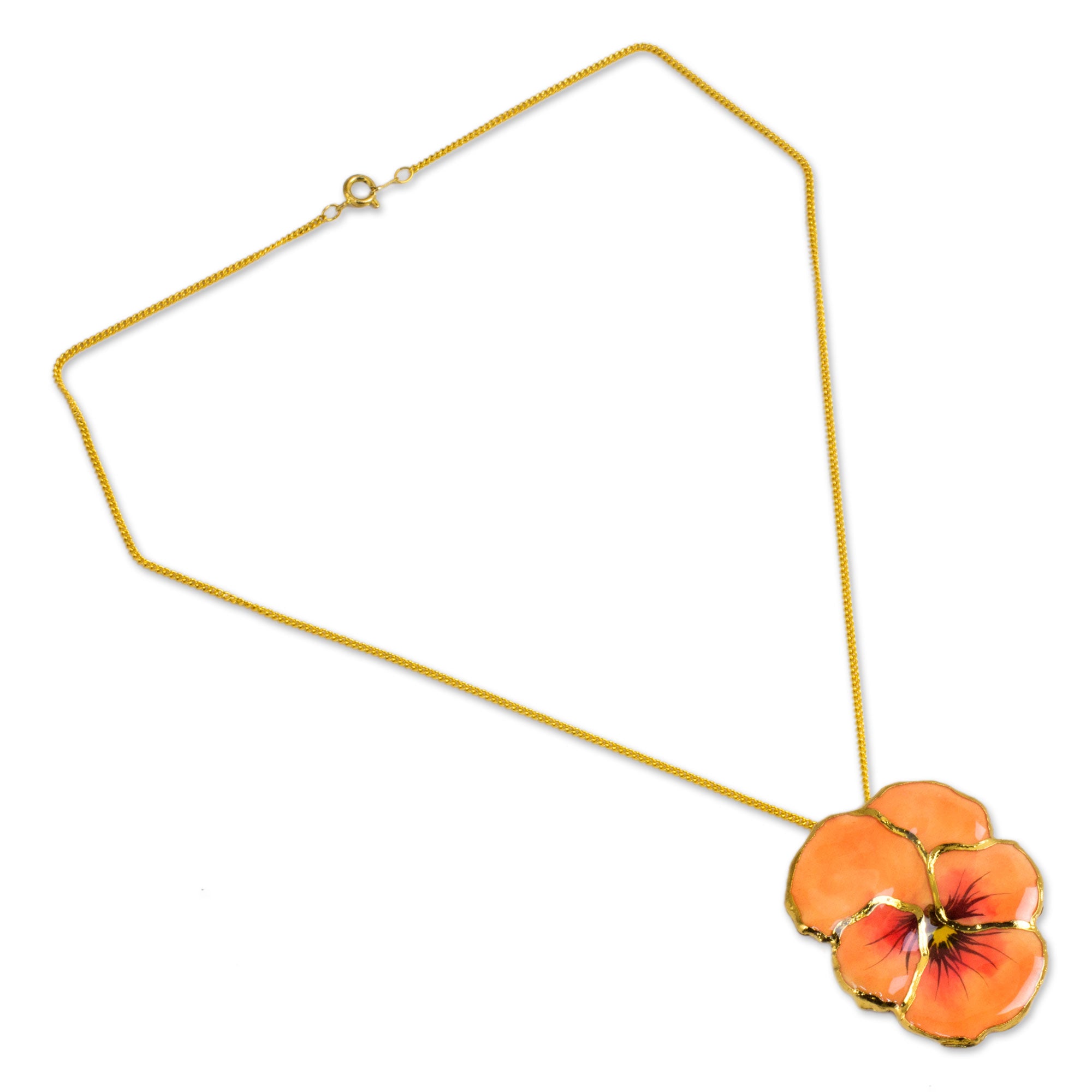 Premium Peach Pansy Natural Flower Pendant Necklace – Handcrafted in Thailand