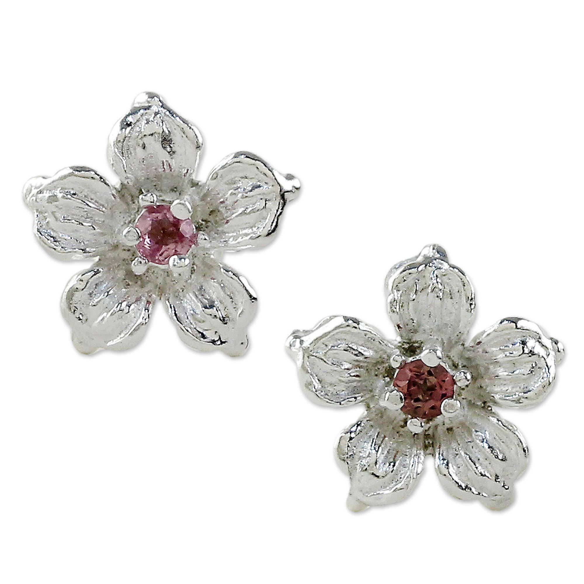 Premium Winter Blooms Sterling Silver Stud Earrings with Rosy Tourmaline