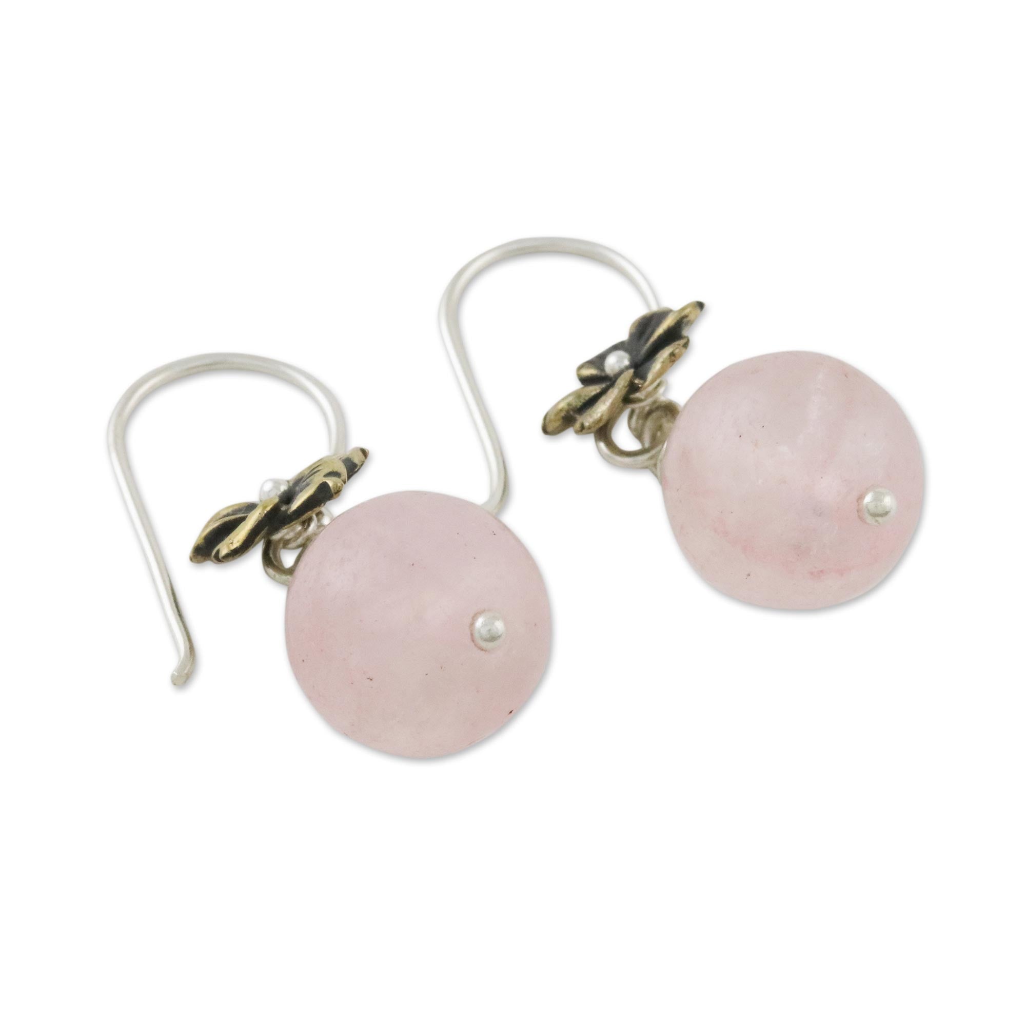 Premium Lunar Florescence Rose Quartz Dangle Earrings with Brass Flower