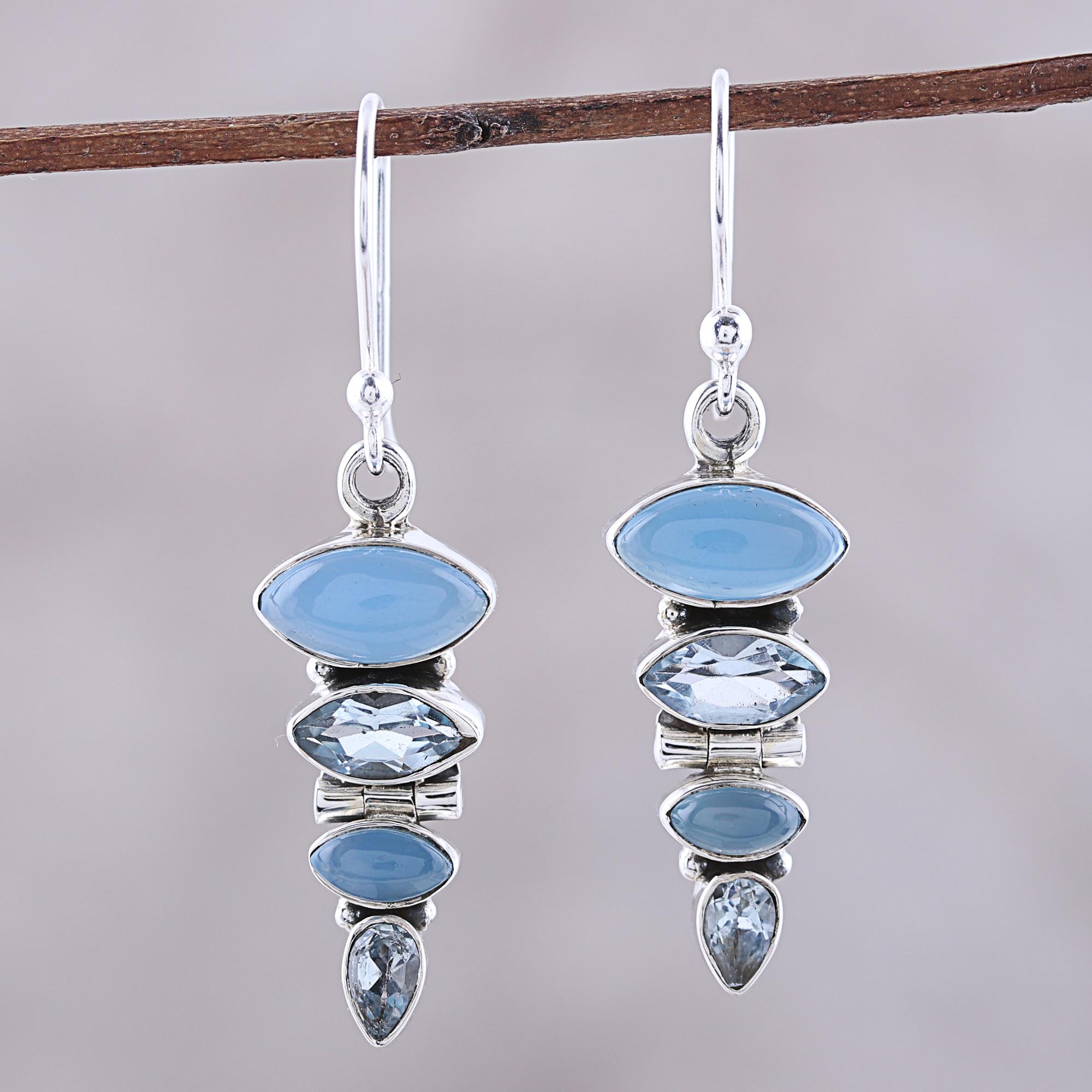 Premium Falling Stars Blue Topaz & Chalcedony Sterling Silver Dangle Earrings