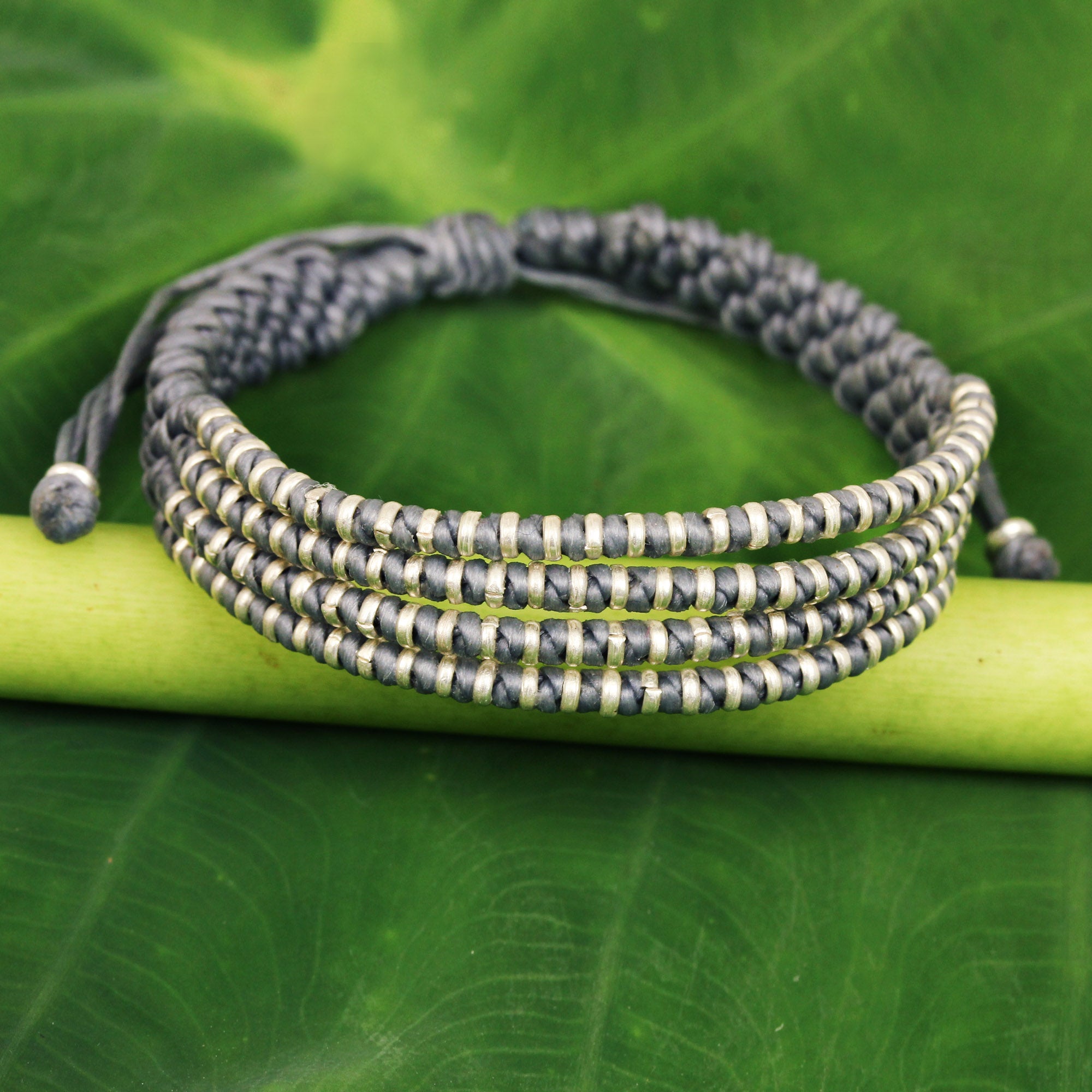 Premium Handcrafted Misty Chiang Mai Quartet Bracelet – Silver & Light Grey Macrame Elegance