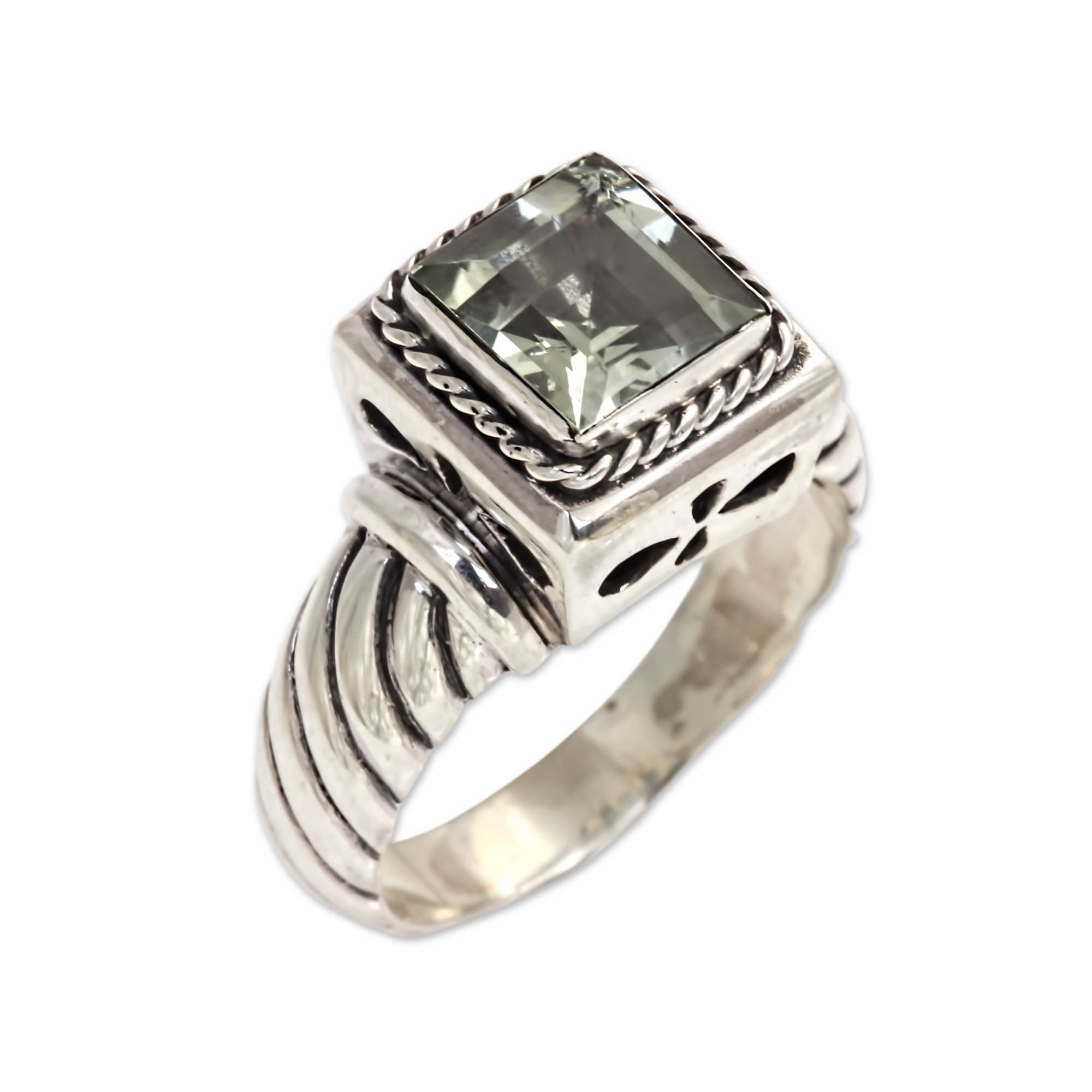 Premium Valiance Men's Prasiolite Sterling Silver Ring - Handcrafted in Bali