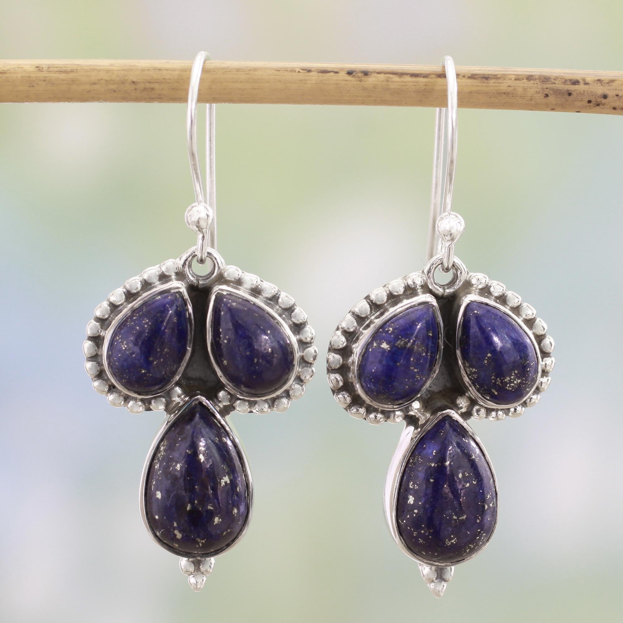 Premium Lapis Lazuli Sterling Silver Dangle Earrings – Handcrafted Trio Design