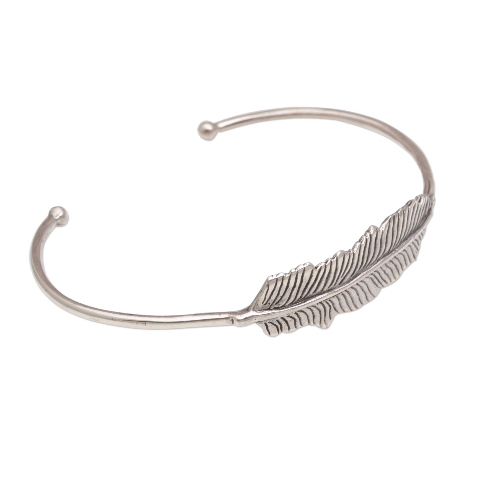 Premium Handcrafted Bali Silver Feather Cuff Bracelet - 925 Sterling Silver