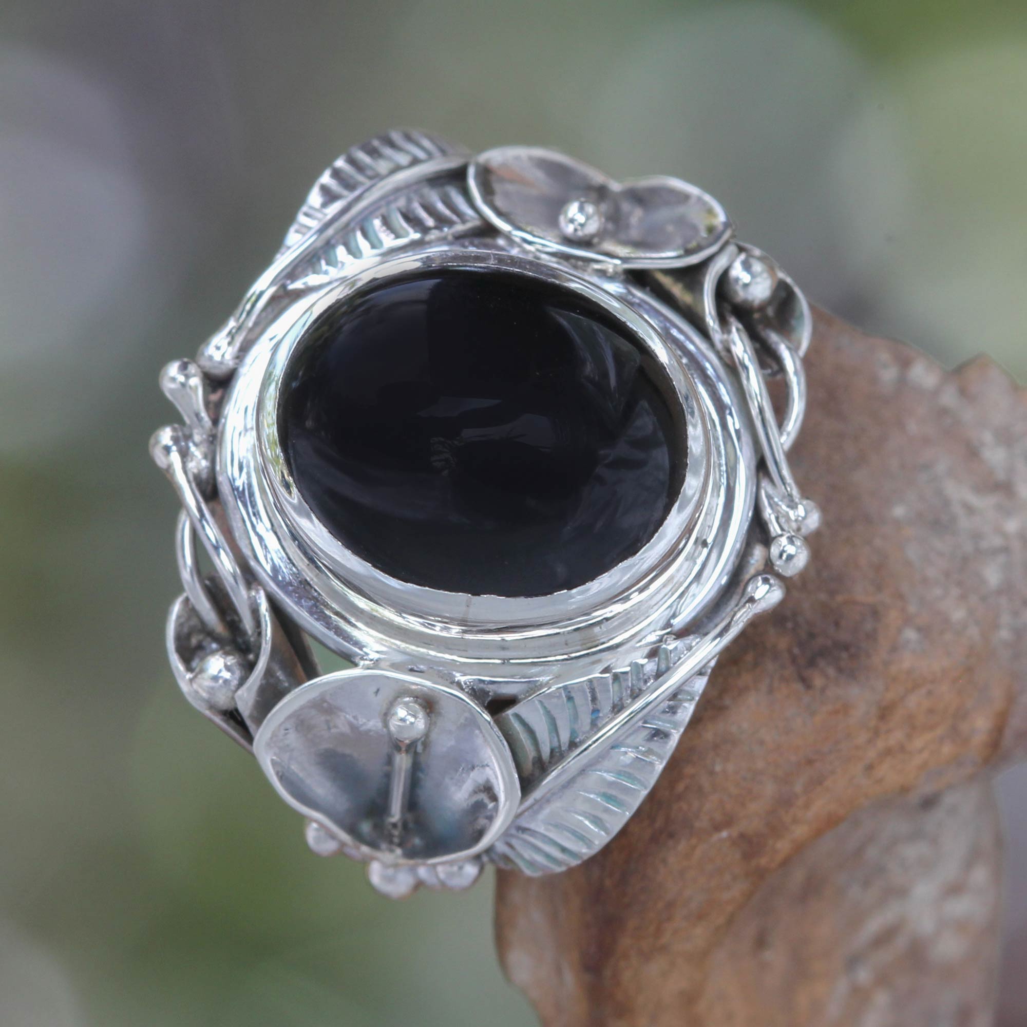 Premium Nest of Lilies Onyx & Silver Cocktail Ring - Handcrafted Elegance