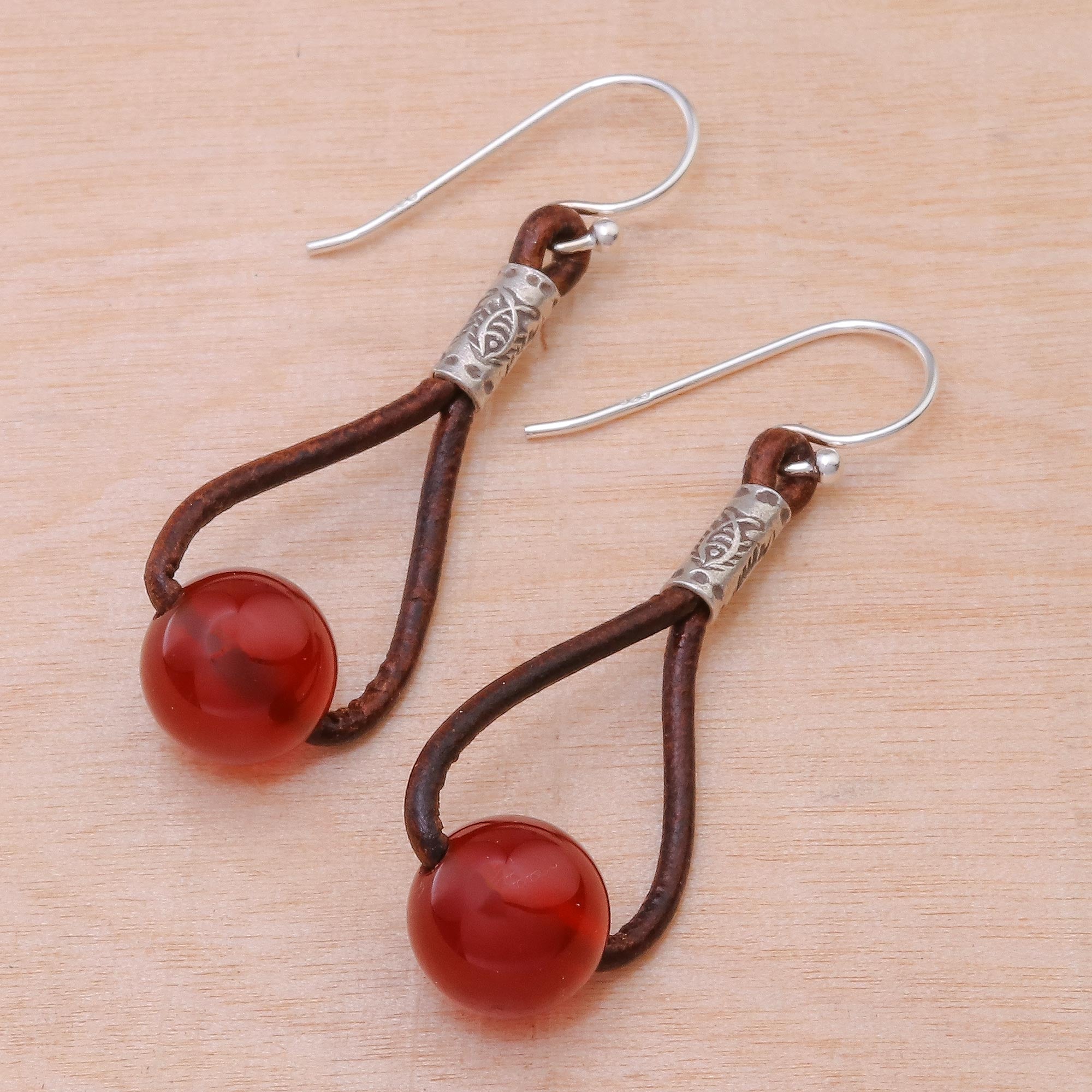 Premium Carnelian & Karen Silver Dangle Earrings with Leather – Spring Passion Collection