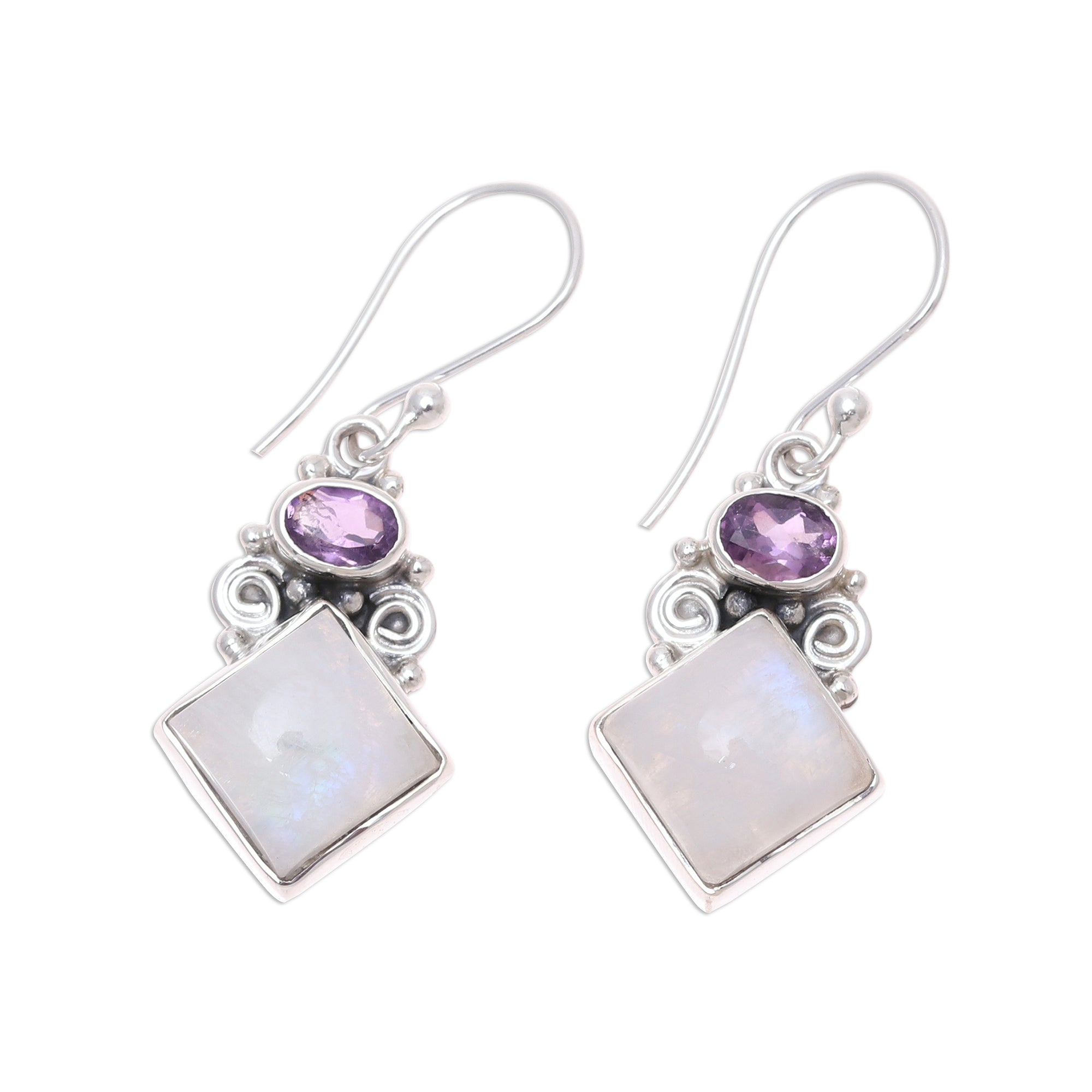 Premium Sterling Silver Rainbow Moonstone & Amethyst Dangle Earrings