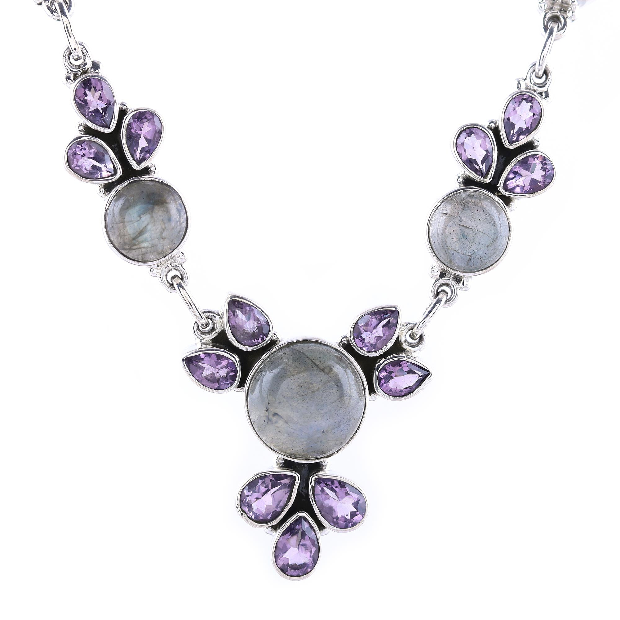 Premium Aurora Blossom Amethyst & Labradorite Sterling Silver Necklace