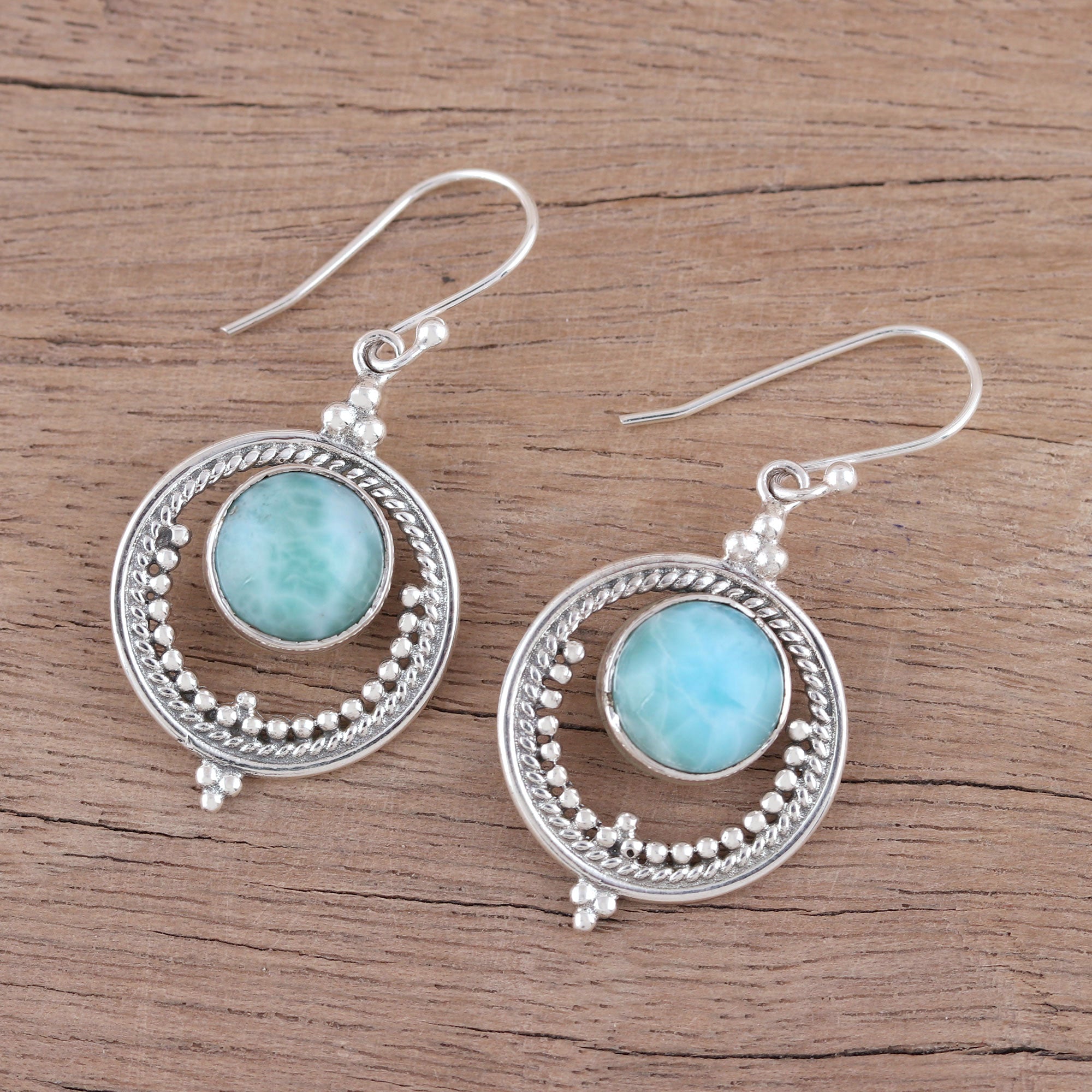 Premium Lunar Delight Larimar Silver Dangle Earrings - Handcrafted in India