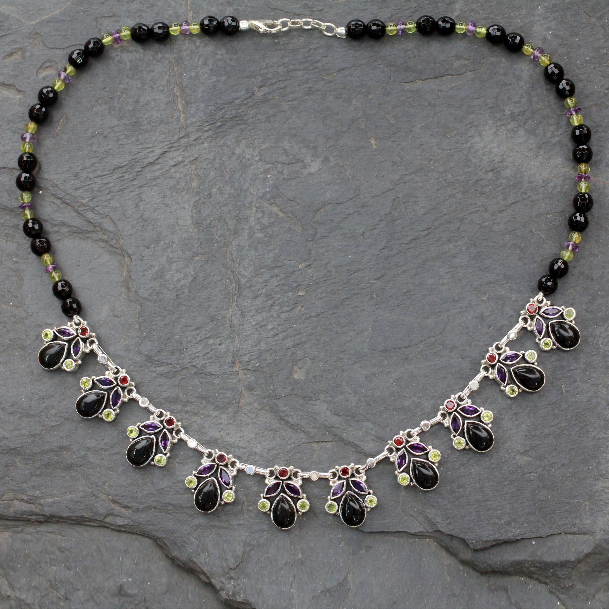 Premium Multigem Sterling Silver Waterfall Necklace with Onyx, Amethyst, Garnet & Peridot