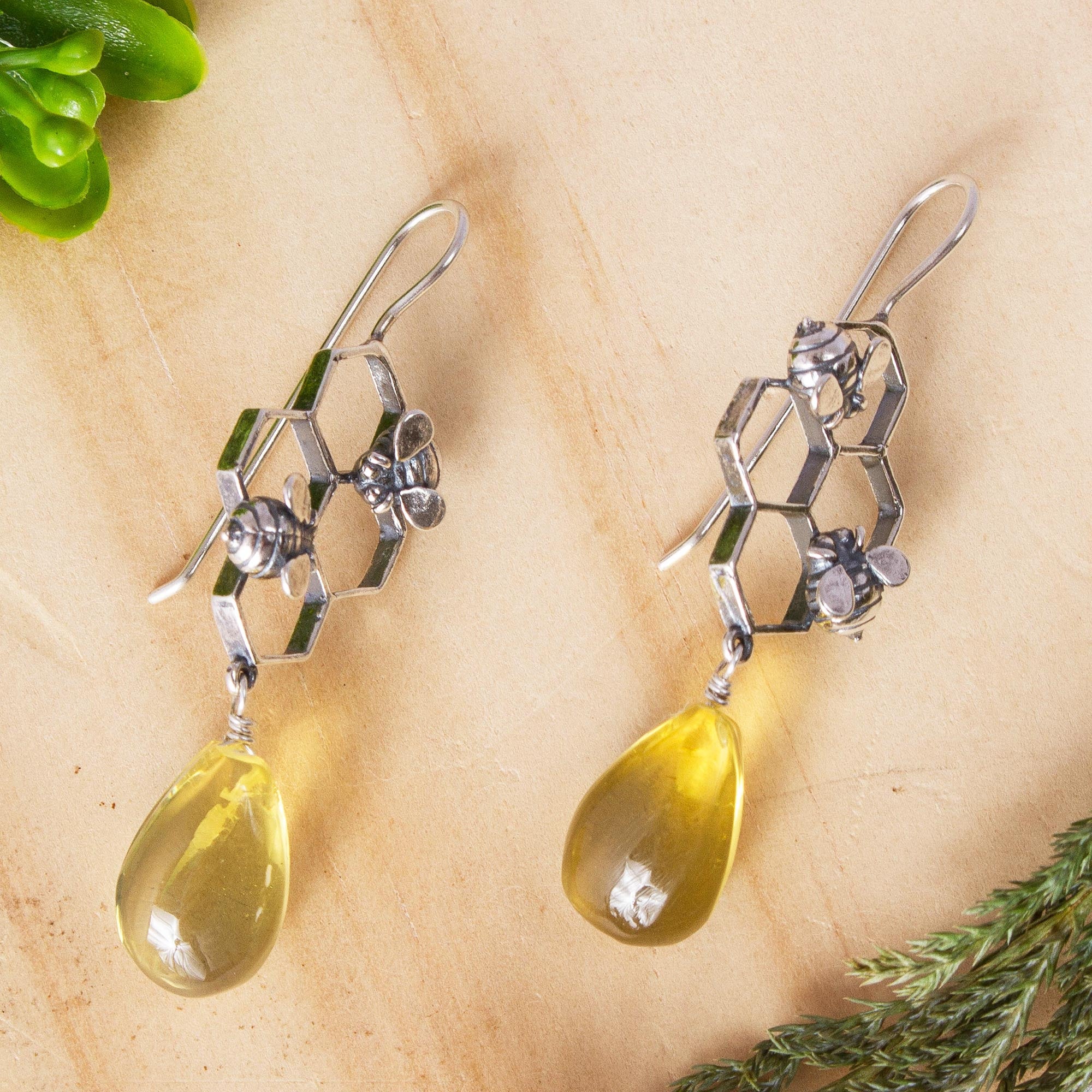 Premium Mexican Amber Bumblebee Dangle Earrings by Flora Maria