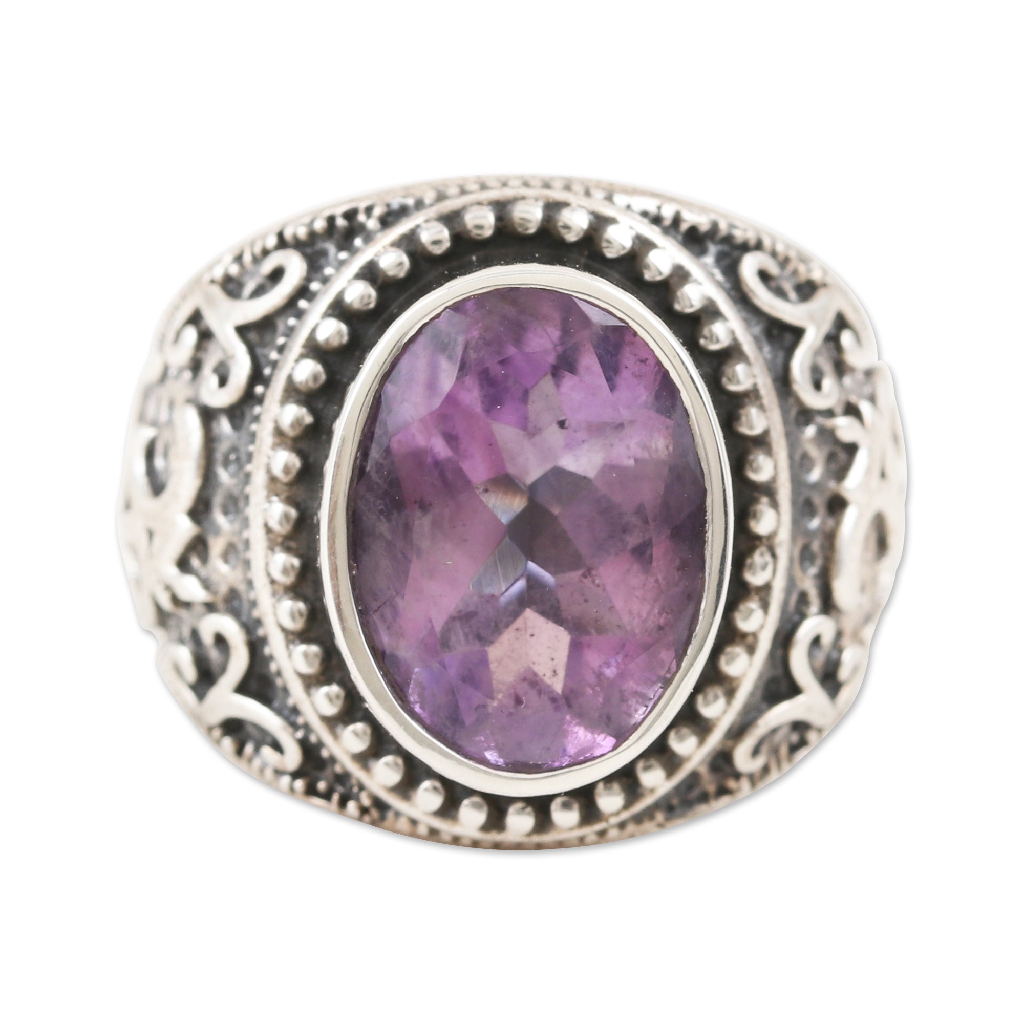 Premium Om Glitter Amethyst Ring – Handcrafted Sterling Silver Jewelry from India