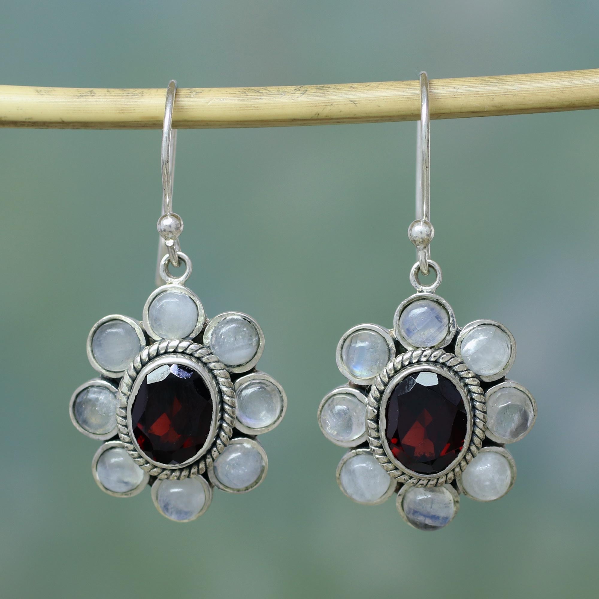 Premium Sterling Silver Dangle Earrings with Rainbow Moonstone & Garnet