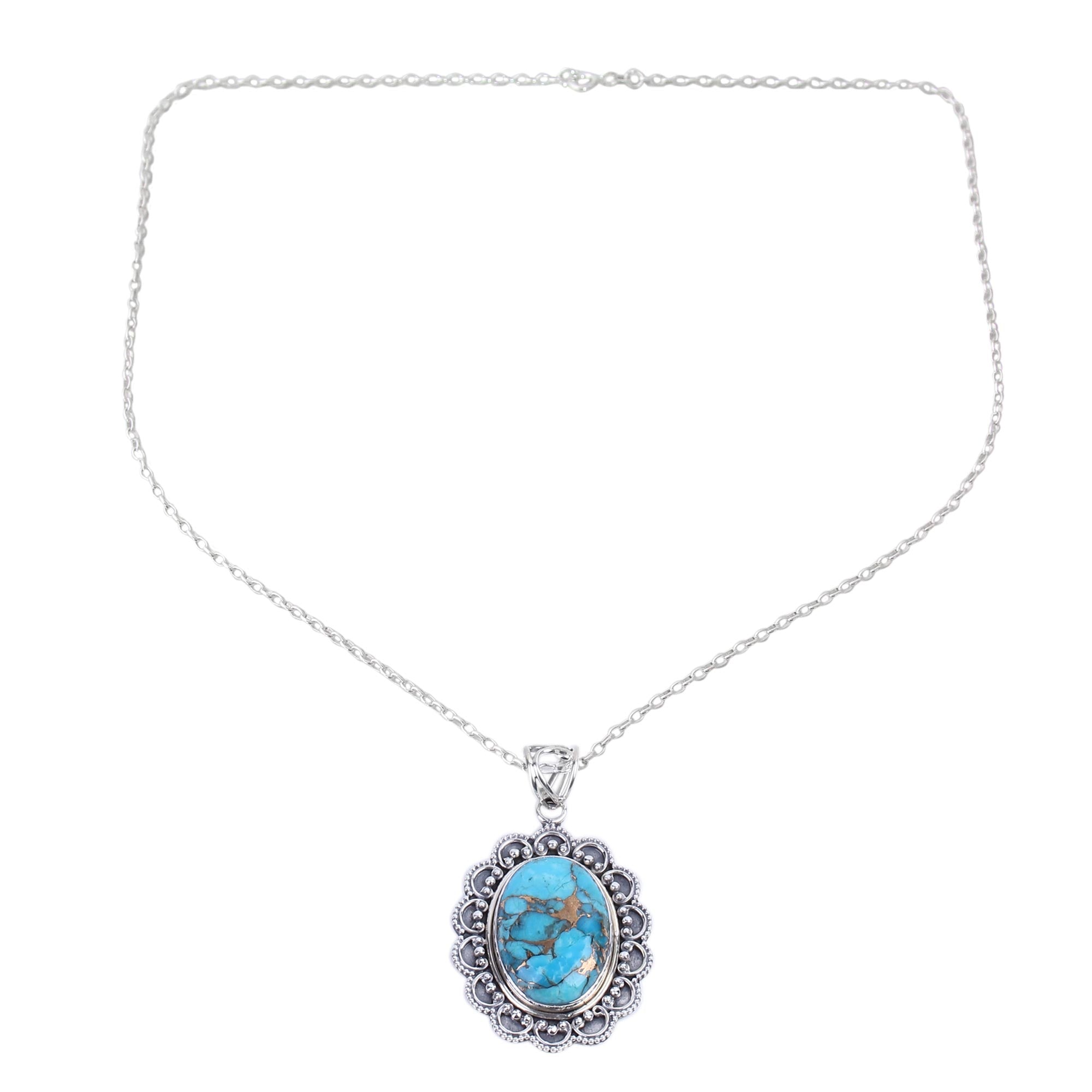 Premium Royal Halo Composite Turquoise Pendant Necklace - Handcrafted Sterling Silver Jewelry