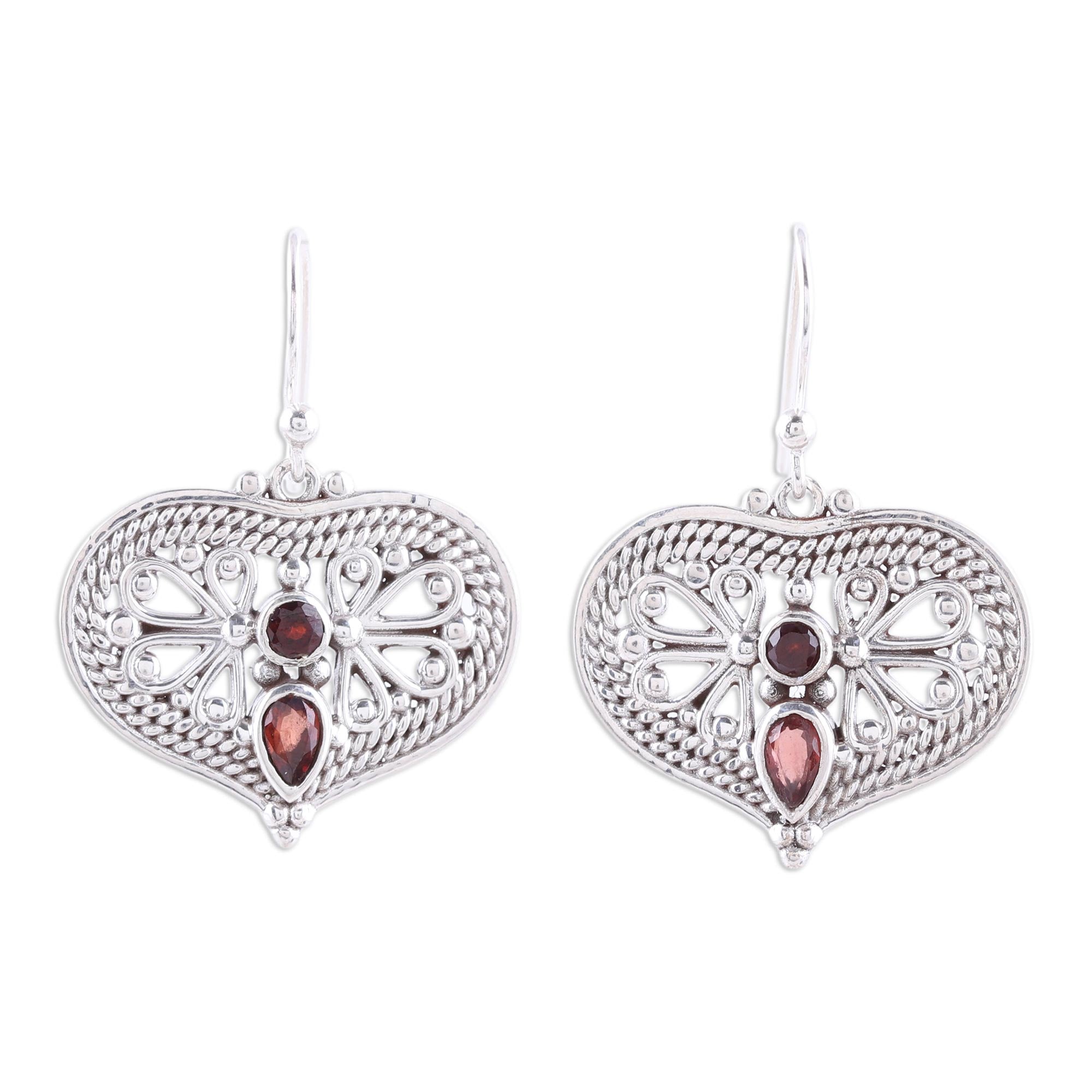 Premium Heart Shaped Garnet Dangle Earrings - Sterling Silver Elegance