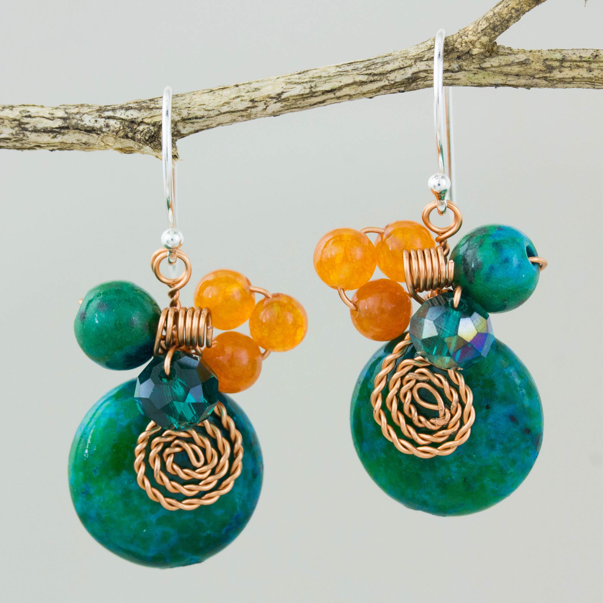 Premium Moonlight Garden Dangle Earrings in Green Quartz & Serpentine with Copper Accents