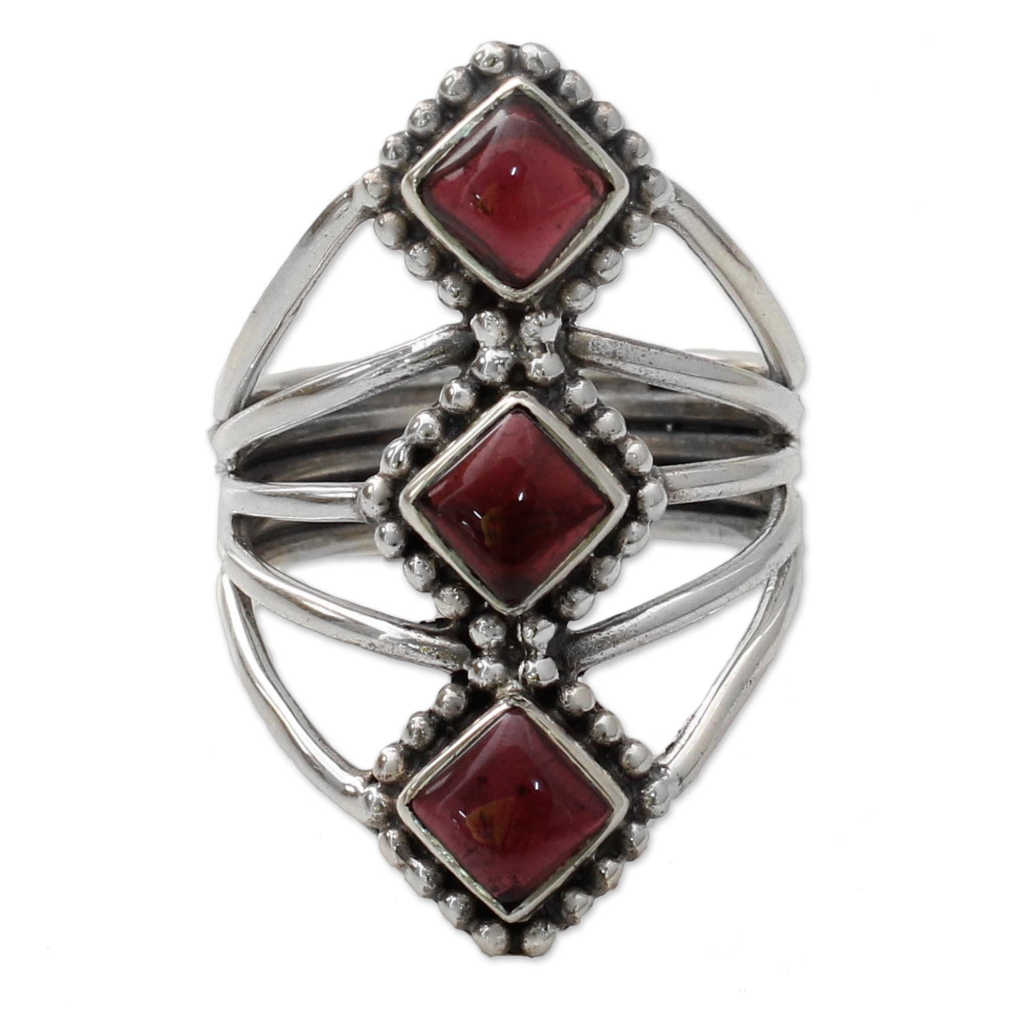 Premium Deep Red Garnet Diamond-Shaped Sterling Silver Cocktail Ring