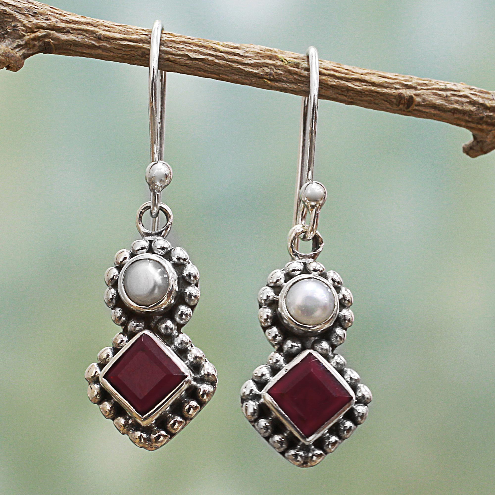 Premium Kolkata Sparkle Garnet and Cultured Pearl Dangle Earrings in Sterling Silver 925