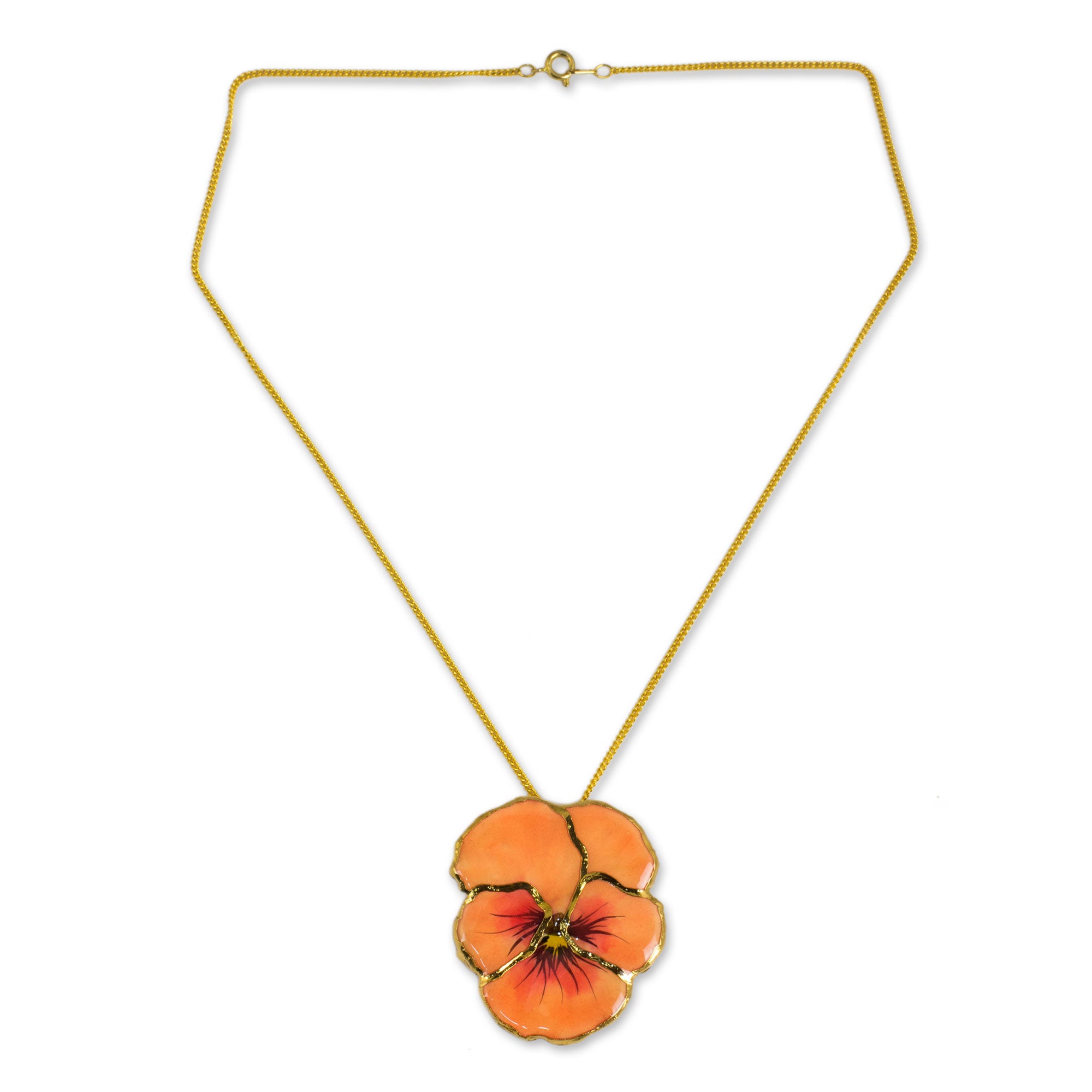 Premium Peach Pansy Natural Flower Pendant Necklace – Handcrafted in Thailand