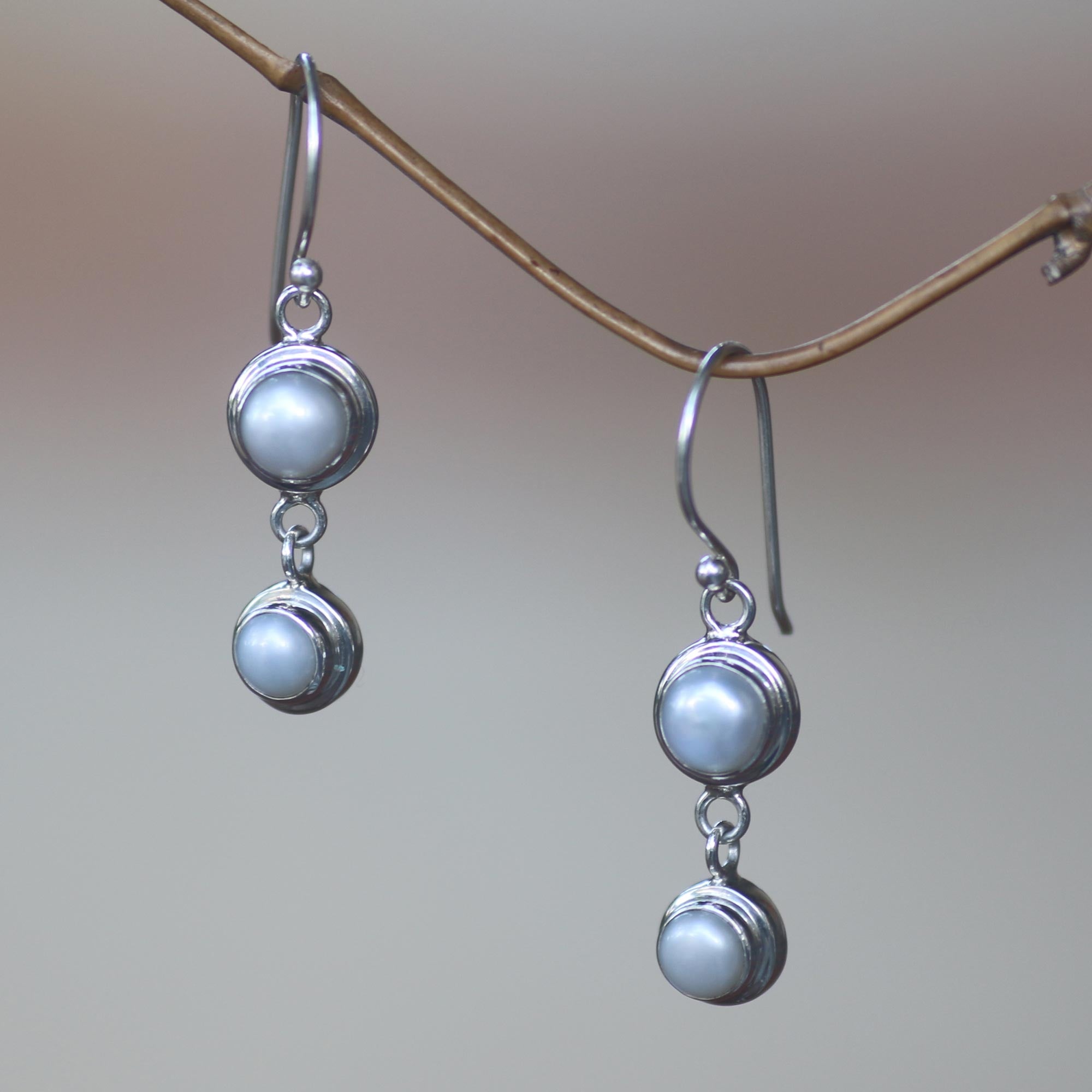 Premium Two Full Moons Pearl & Silver Drop Earrings - Handcrafted Elegance