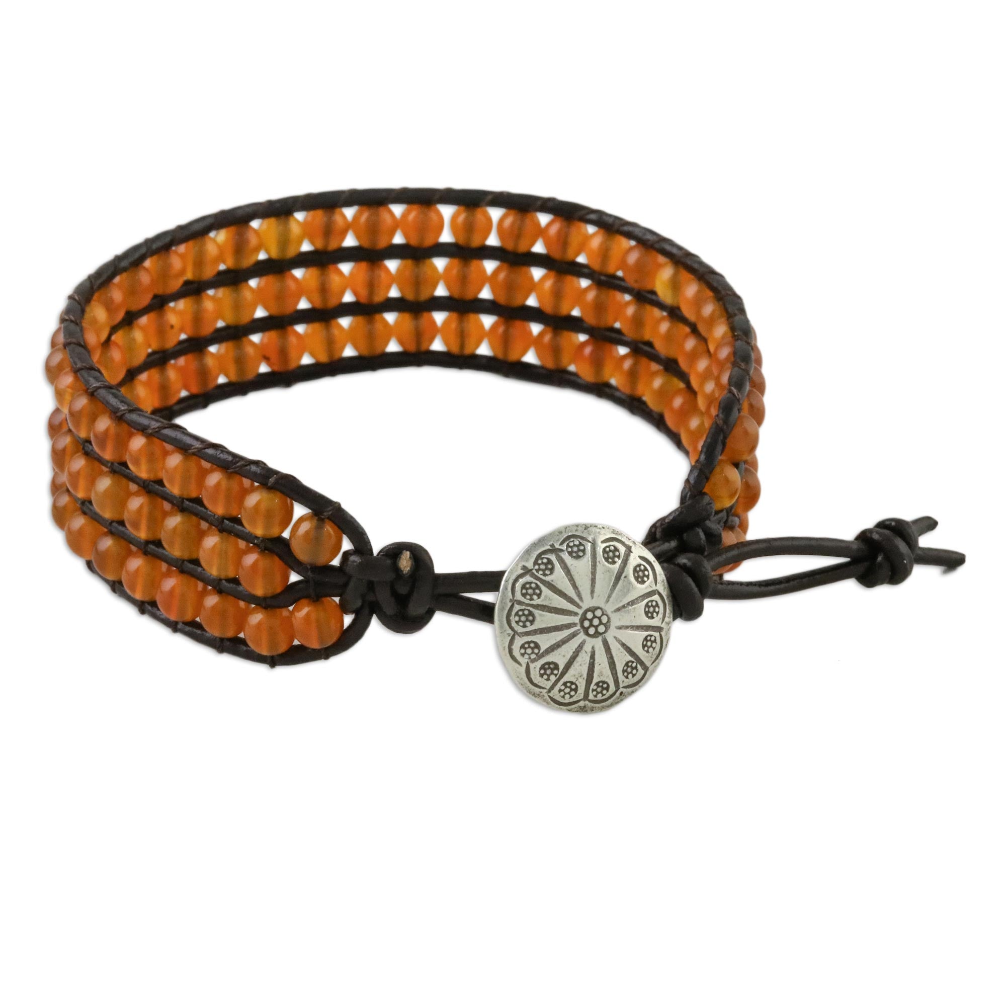 Premium Carnelian Bead & Karen Silver Button Adjustable Leather Bracelet