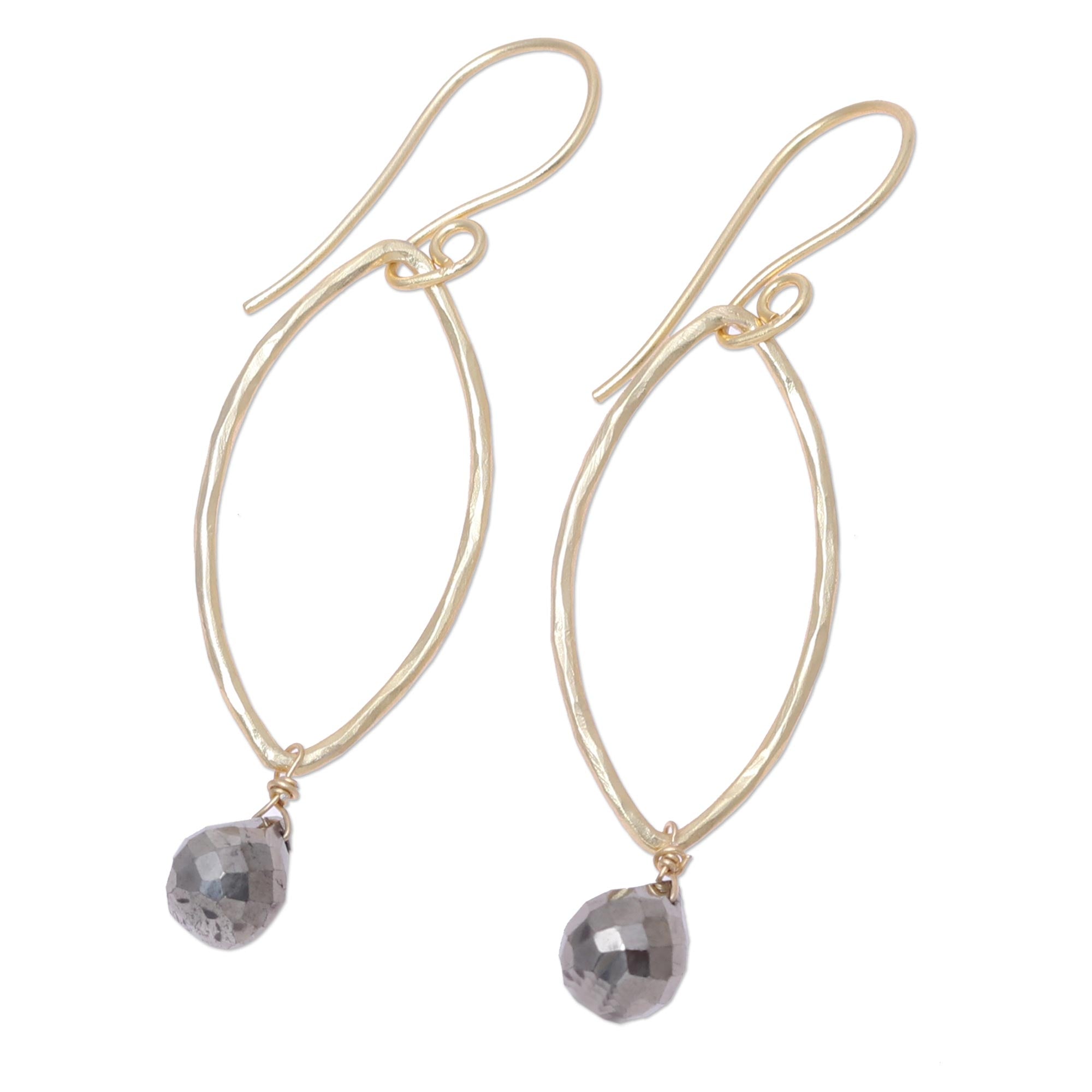 Premium Metallic Gleam Pyrite Dangle Earrings - Handcrafted Gold-Plated Silver