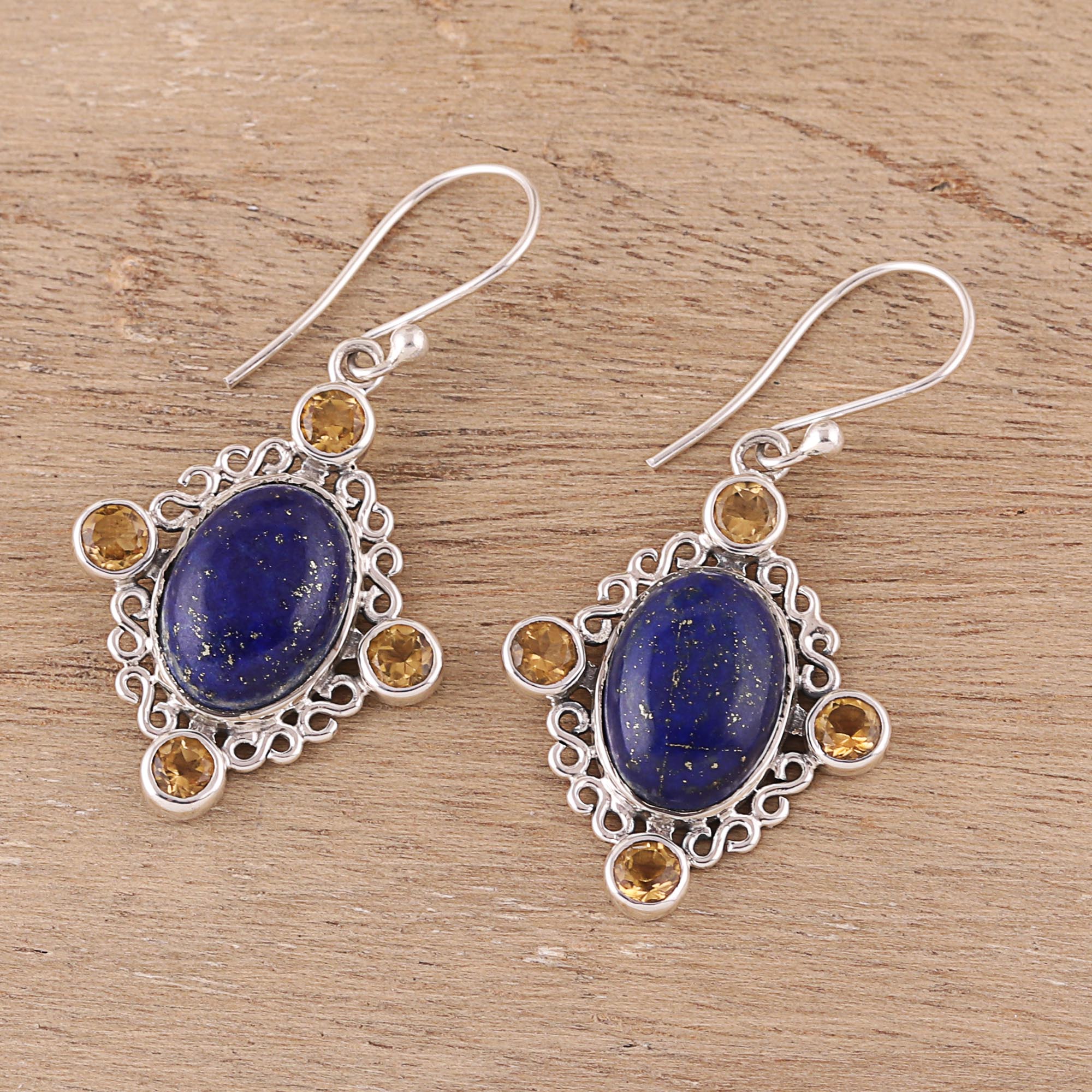 Premium Royal Frame Lapis Lazuli & Citrine Dangle Earrings | Handcrafted in India