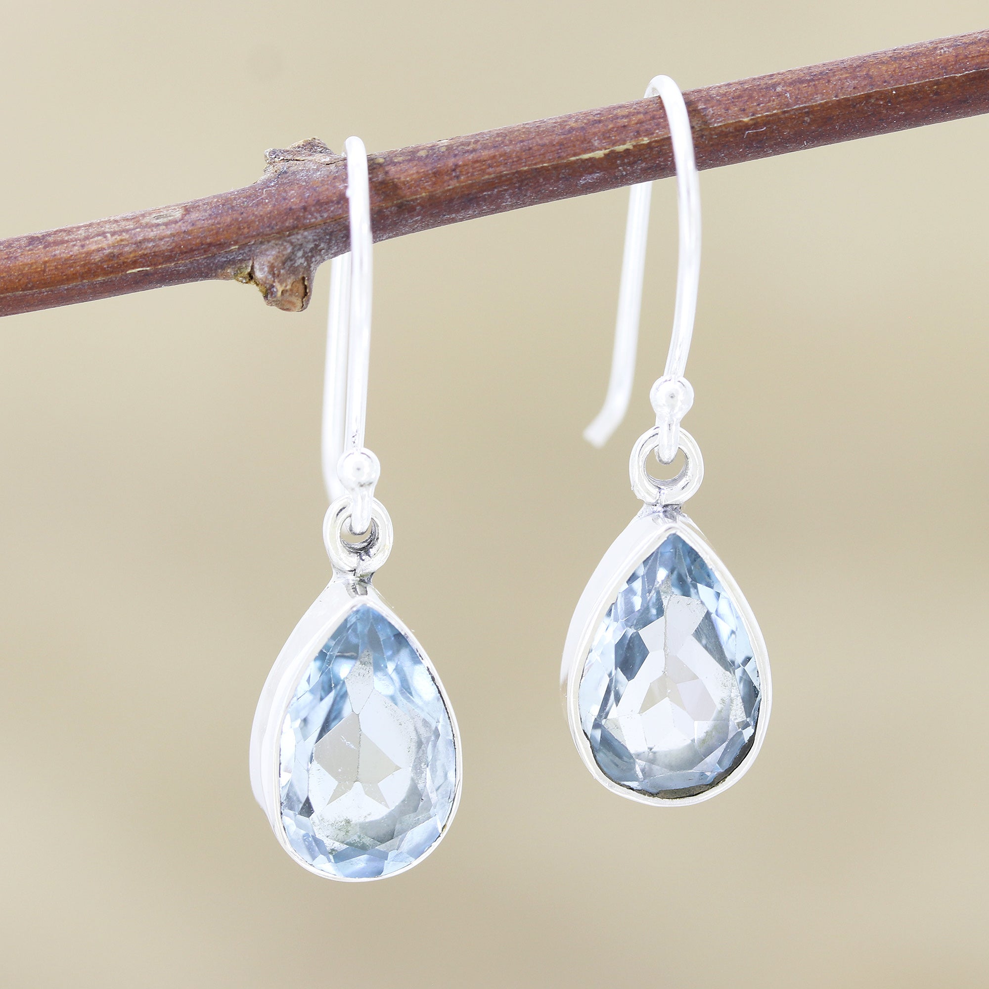 Premium Blue Droplets Teardrop Faceted Blue Topaz Silver Dangle Earrings