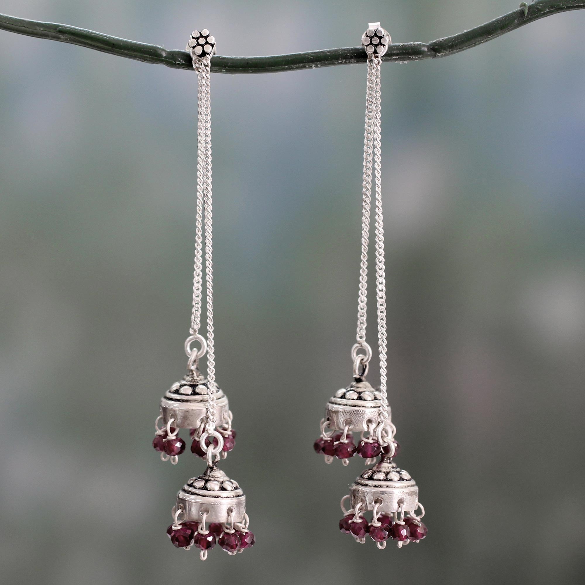 Premium Indian Sterling Silver Detachable Garnet Jhumki Earrings - Elegant Wedding Jewelry