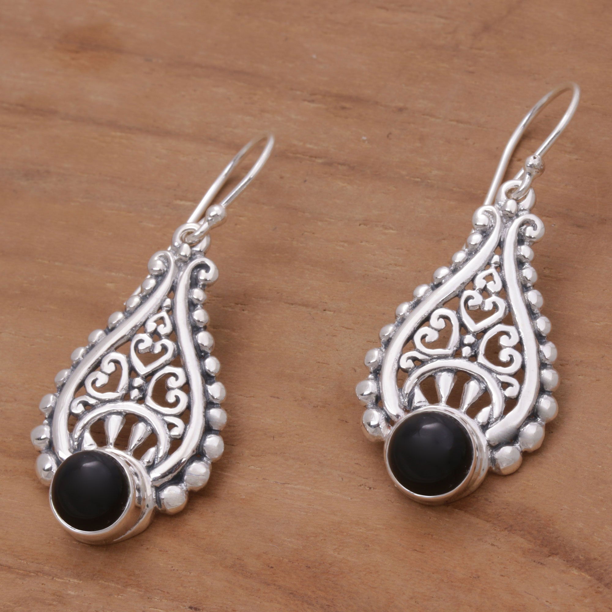 Premium Black Onyx and Sterling Silver Teardrop Earrings - Handcrafted in Bali