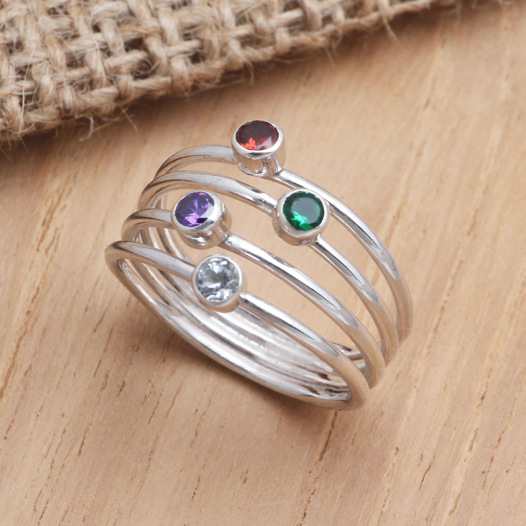 Premium Rainbow Stepping Stones Ring - Handcrafted Amethyst & Garnet Jewelry