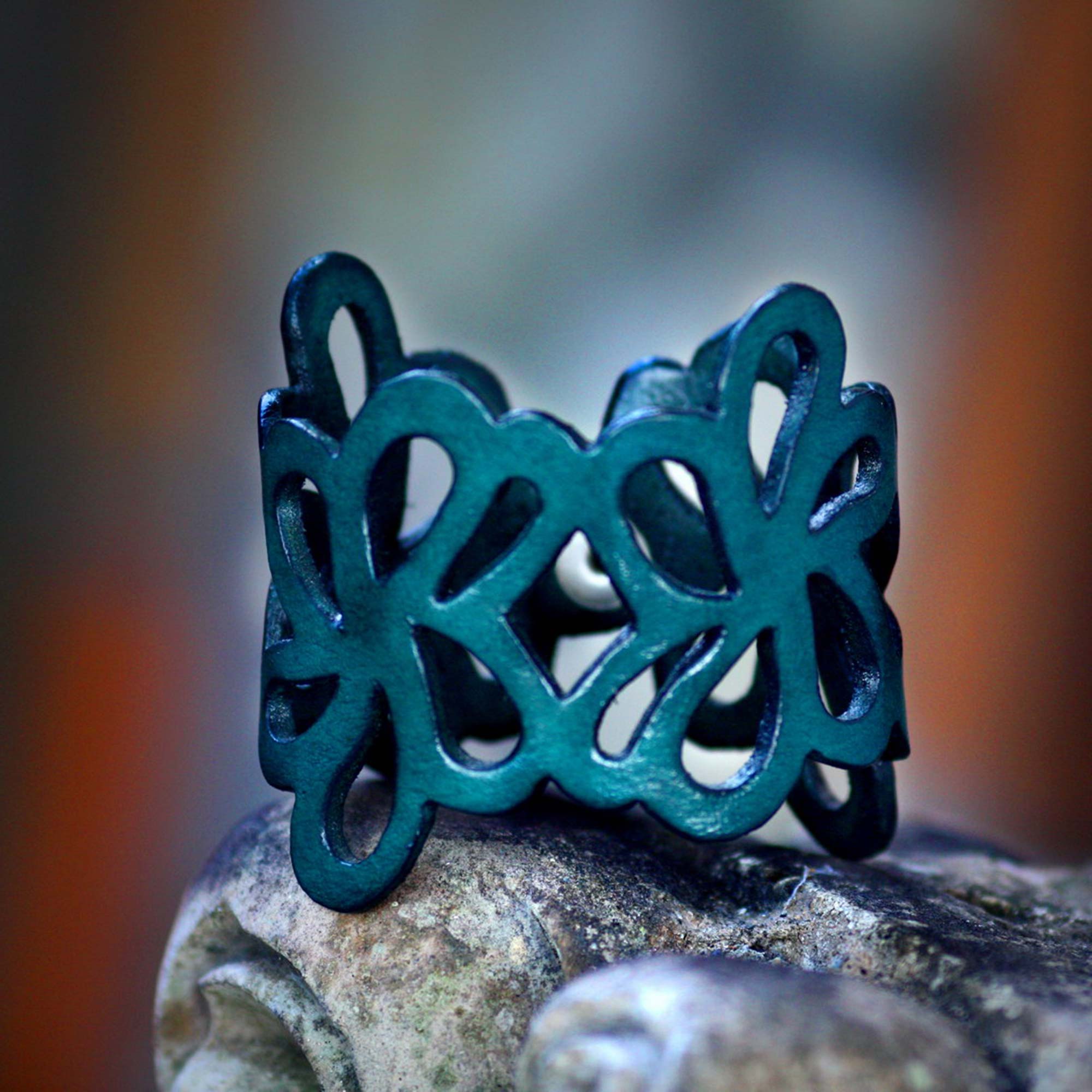 Premium Dark Teal Petals Leather Cuff Bracelet - Handcrafted Tropical Floral Design