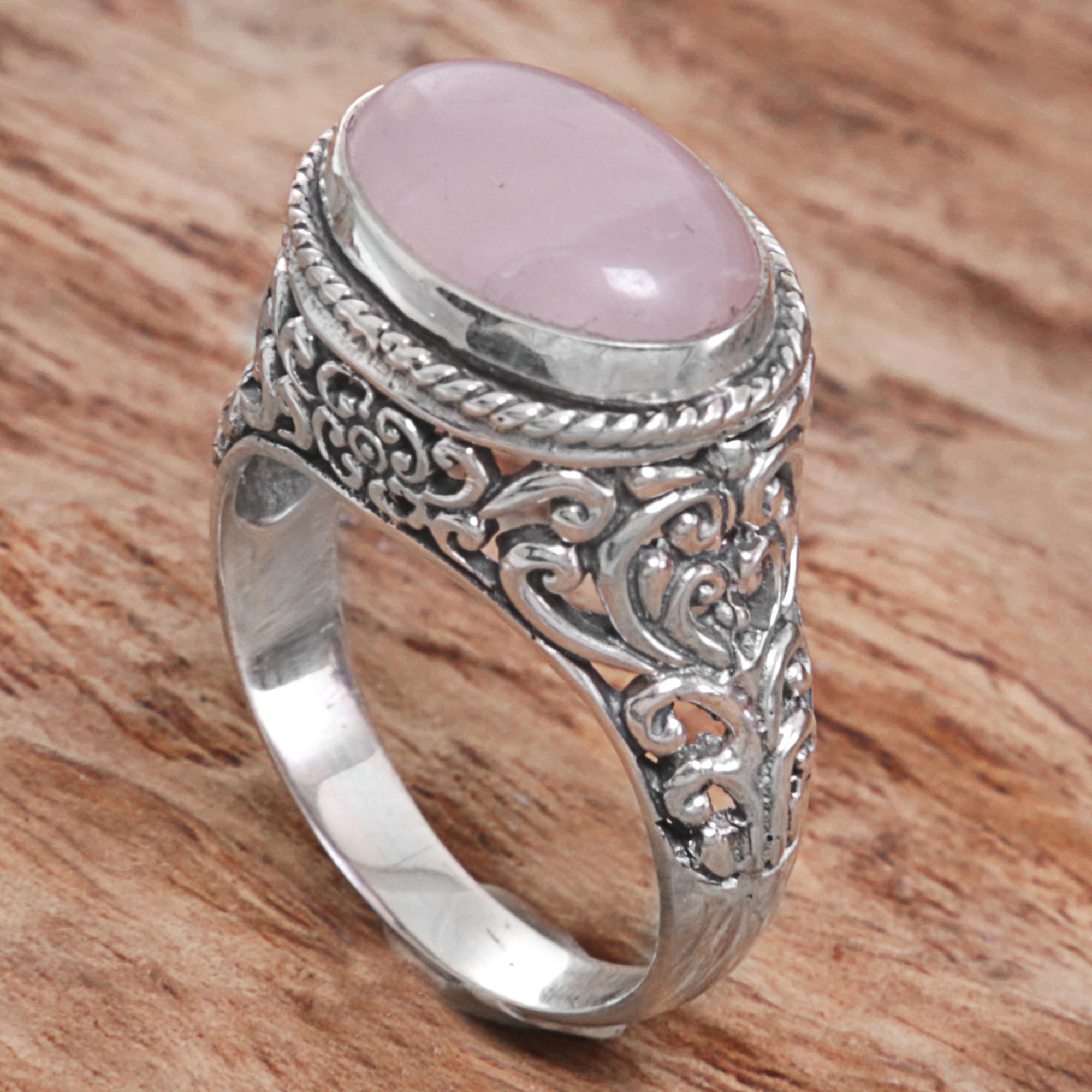 Premium Bali Rose Quartz Cocktail Ring – Handcrafted Elegance