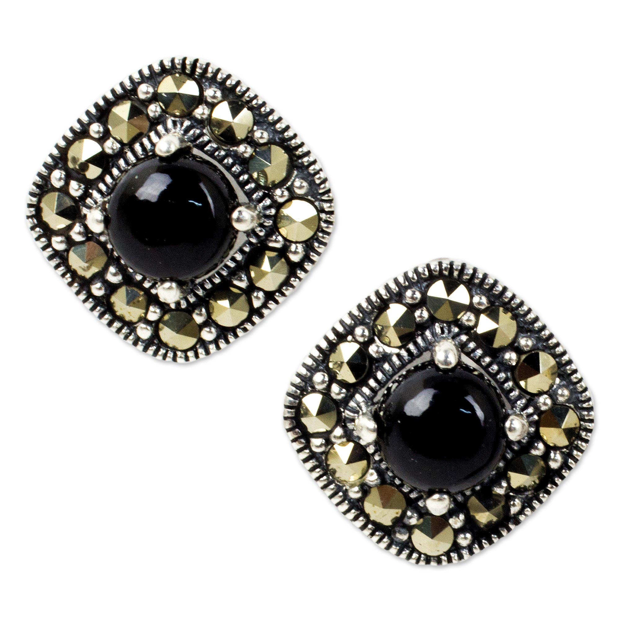 Premium Vintage Belle Onyx & Marcasite Sterling Silver Button Earrings