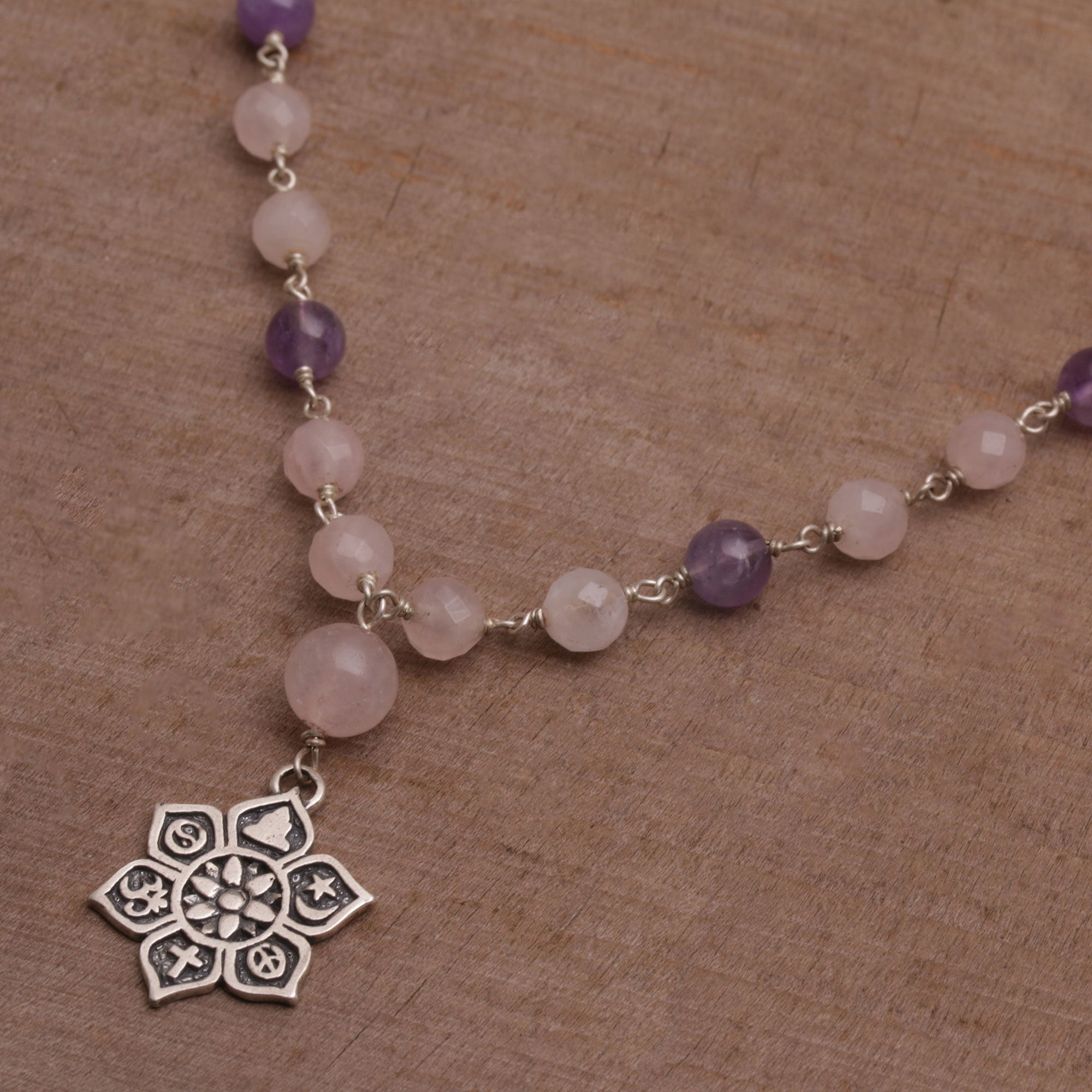 Premium Unity in Meditation Floral Rose Quartz & Amethyst Pendant Necklace - Handcrafted in Bali