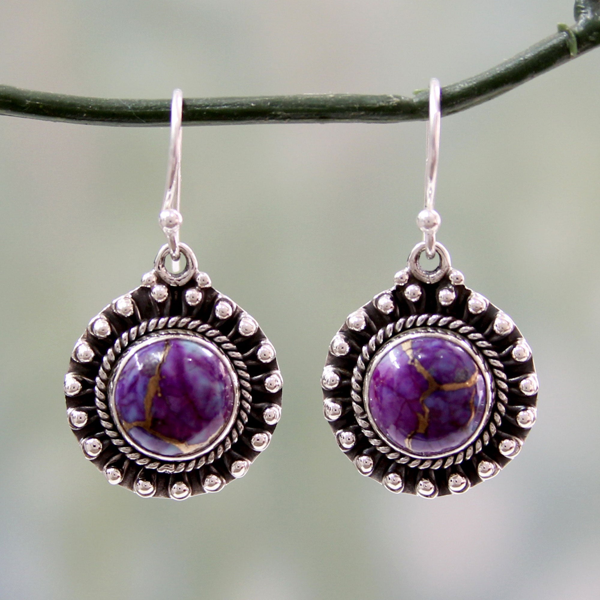 Premium Purple Fire Turquoise & Silver Dangle Earrings - Handmade in India