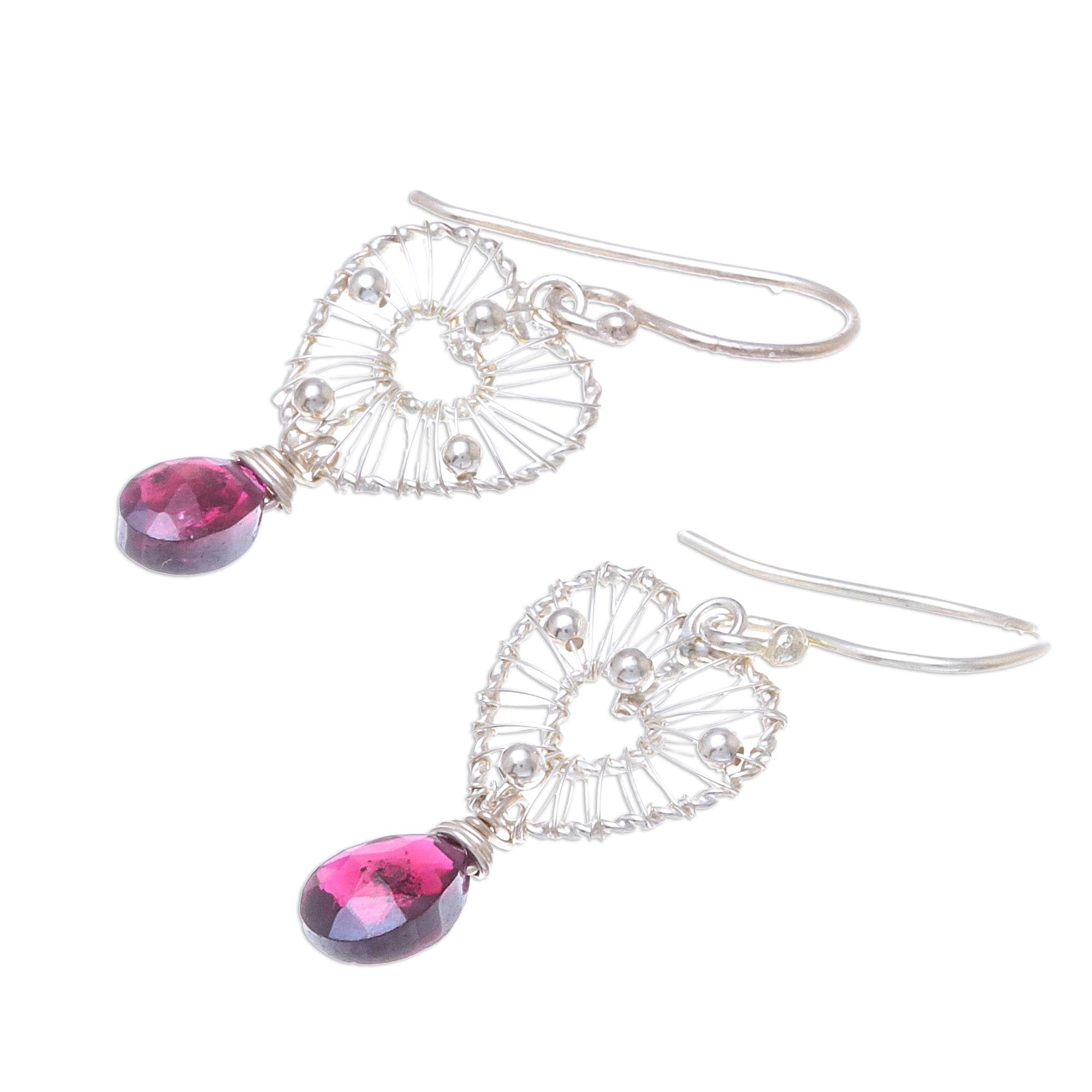 Premium Heart-Shaped Garnet Dangle Earrings - Handcrafted Sterling Silver Jewelry from Thailand